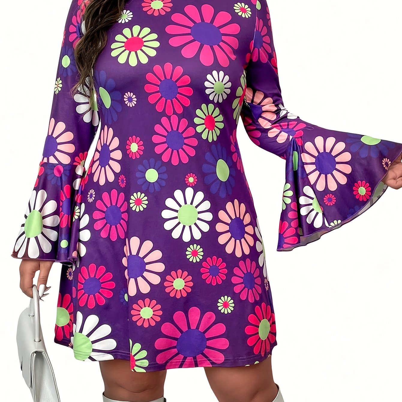 TEMU Plus Size - Plus Size - Plus Size Flared Sleeve Slim Fit Dress