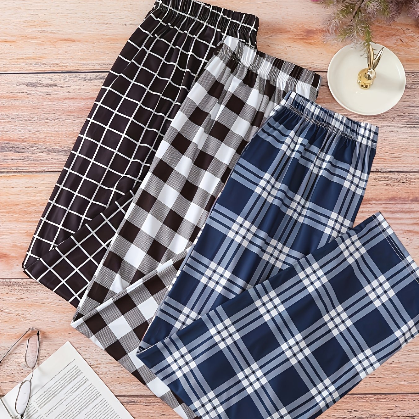 E-shop 3-teiliges Set Herren-Schlafanzughosen -unterteile mit Karomuster für Frühling/Sommer, Übergröße, lässig bequem, zum Tragen im Freien geeignet