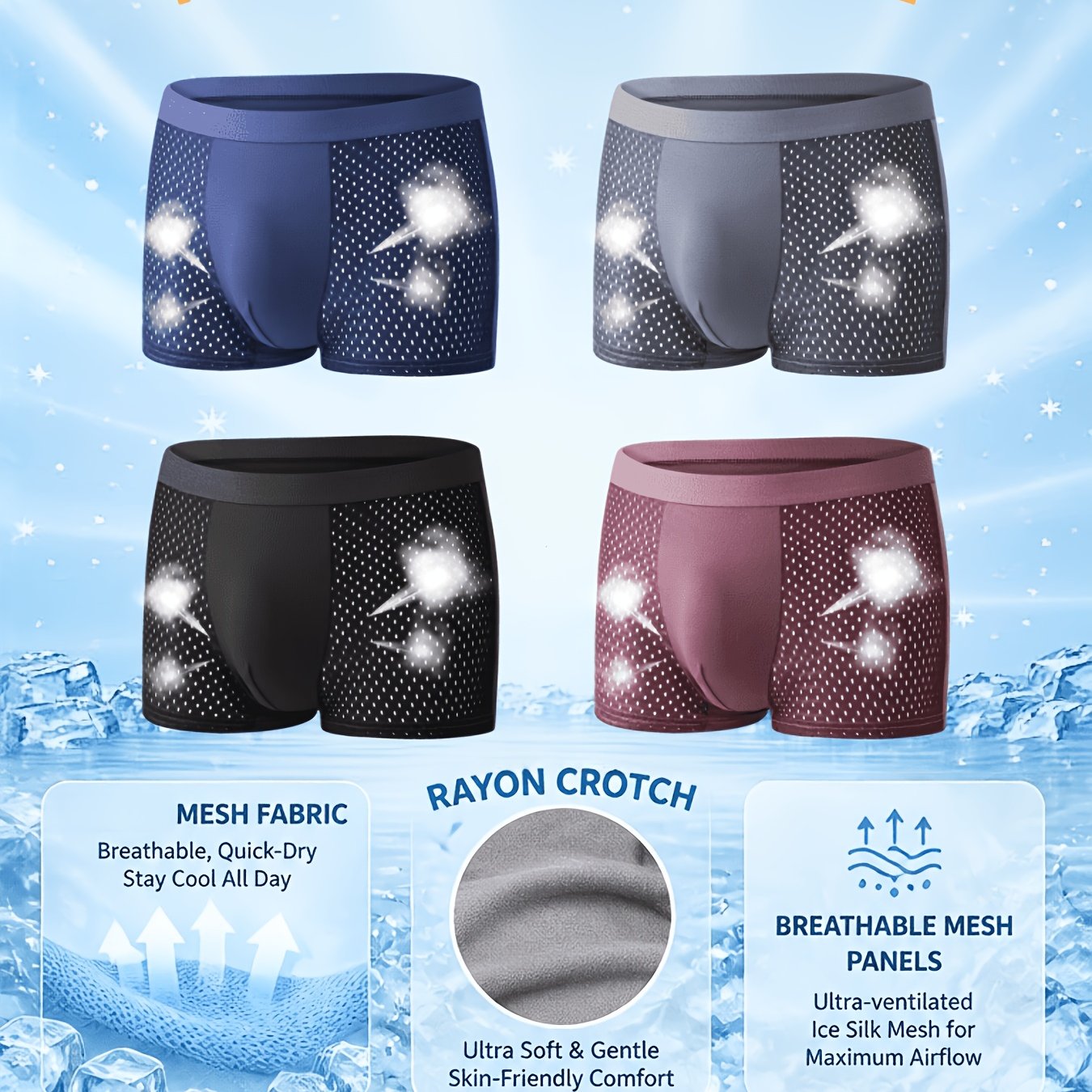 Image of Random 5pcs Men's Mesh Boxer Briefs - Soft Bamboo Rayon Fabric In Crotch For , Quick-dry & Seamless Design, Breathable, Stretchy, Ideal For Boxing Training, Gym & Casual Attire