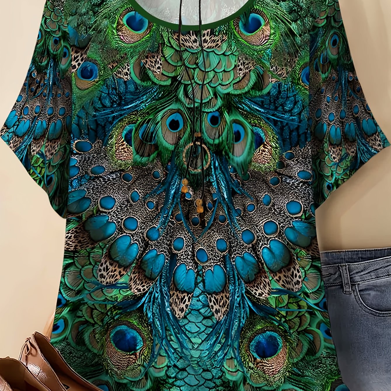 TEMU Womens Plus Size Crew Neck T-shirt With Peacock Pattern | Loose Fit, Ideal For Daily Wear, Casual , Beach Vacation, Gift Idea, Comfortable &