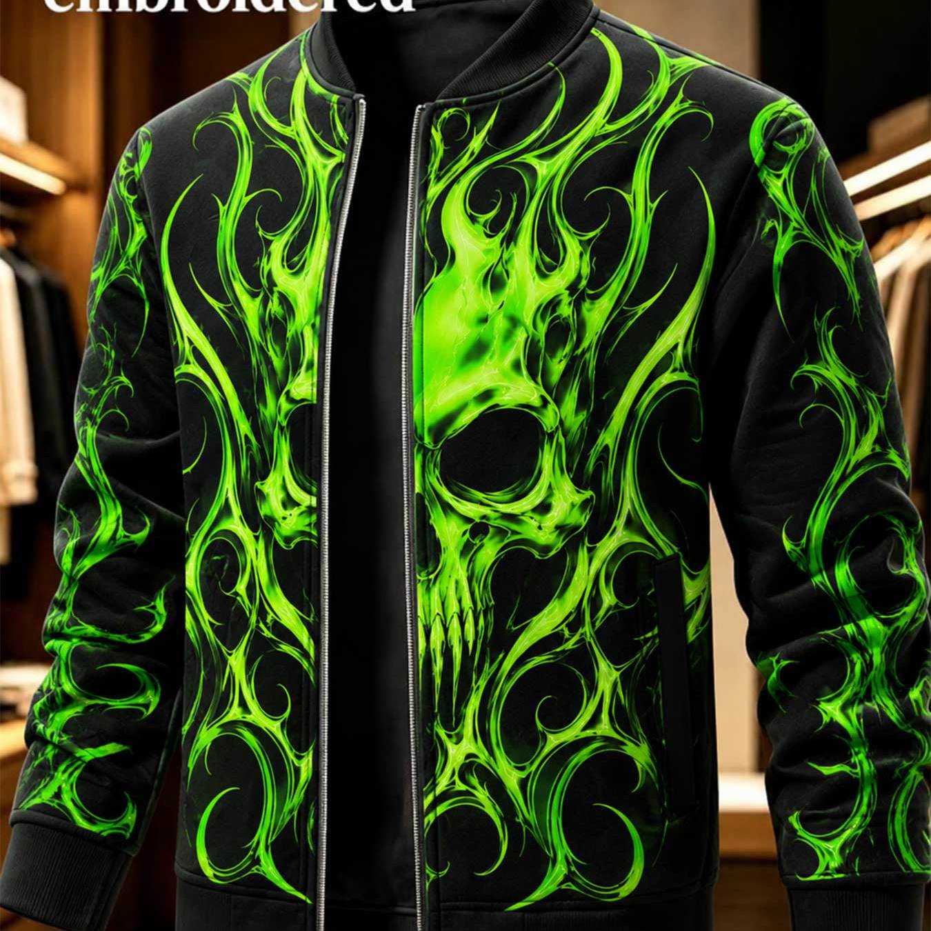 Image of Men's Stand Up Collar Zipper Sports Jacket Green Flame Skull Print
