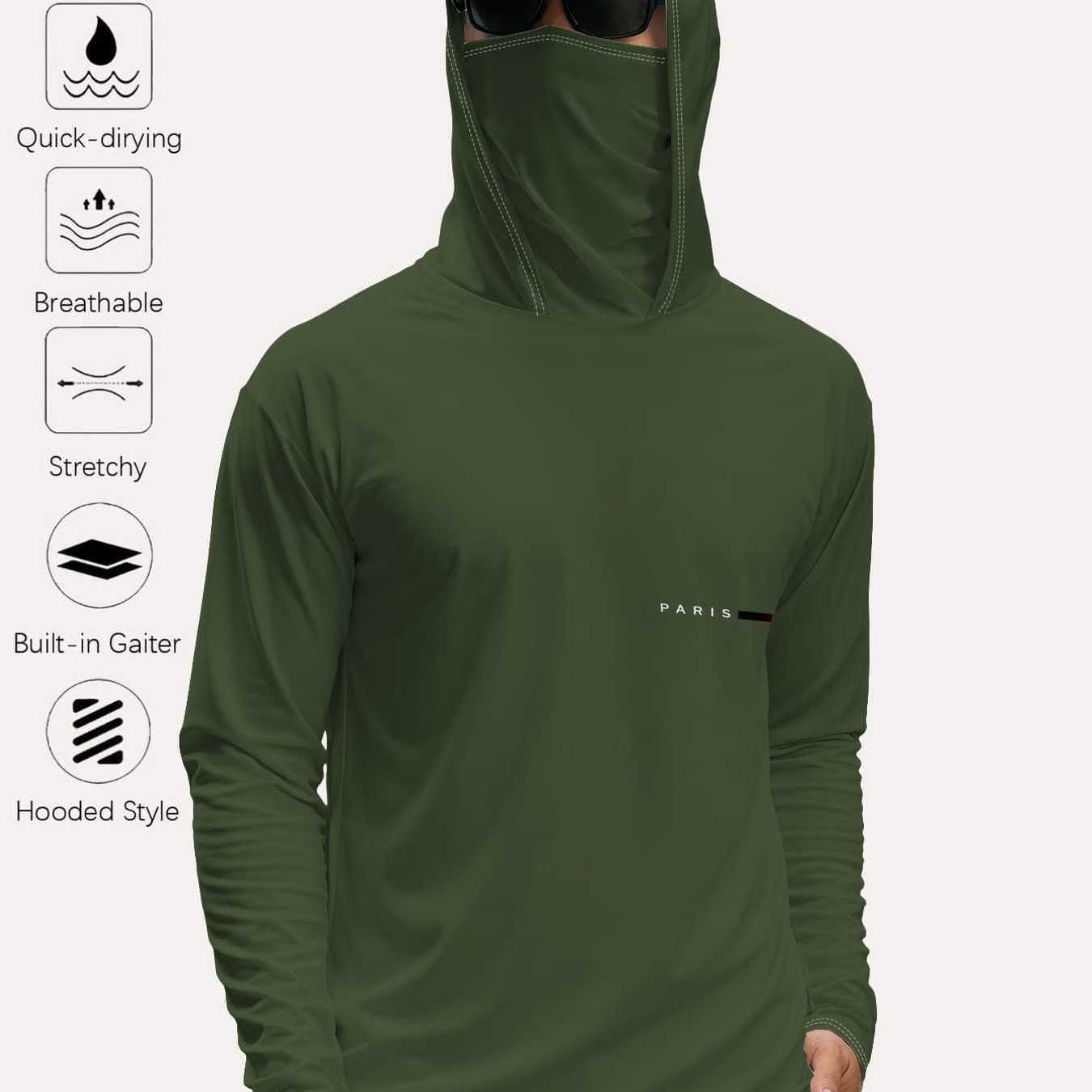TEMU Men's Outdoor Fishing Riding Hooded Face Mask Long Sleeve Fishing Suit, Windproof Elastic Sports Top With Mask Integrated Design Suitable For