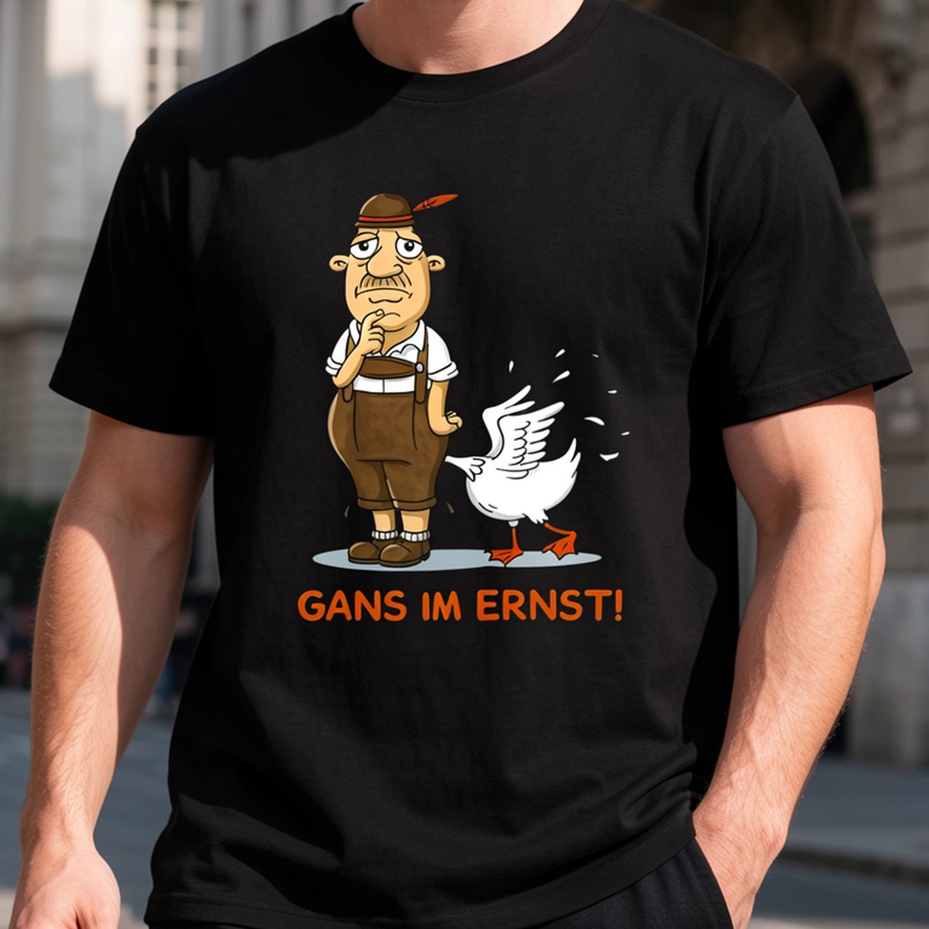 Image of Cartoon Style Men's T-shirt German Farmer And Goose Goose Gans Serious Humor Design Casual Wear For Everyday Use Perfect Gift For Who Love Funny And Cultural Themes