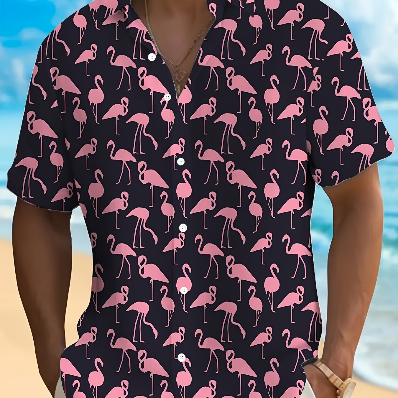 TEMU Men's Summer Flamingo Short Sleeved Shirt, , Open Front, Regular Fit, Party And Beach Wear