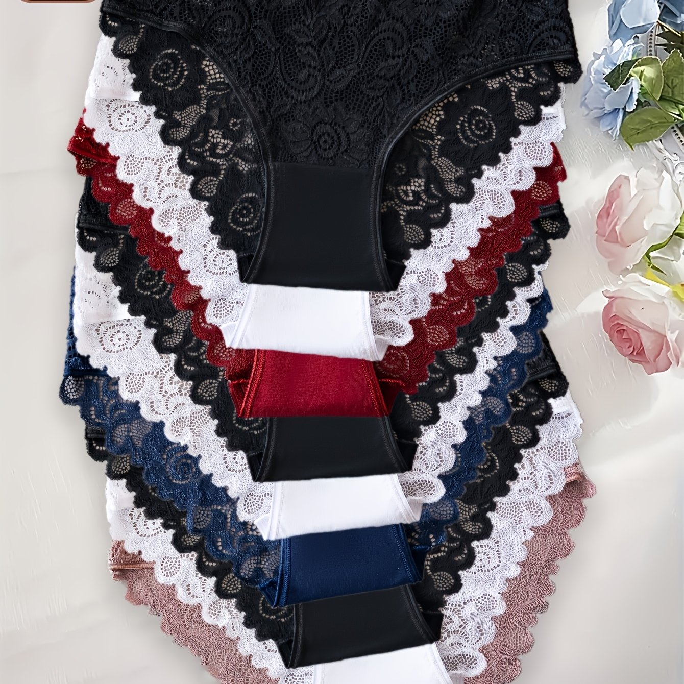 Image of 9pcs Women's Plus Size Underwear Full Lace Trim & Print Full Coverage Matching Panties - Breathable Triangle Briefs, Mid-rise Suitable For Casual Attire, Elegant Lace Trimmed Panty Suit