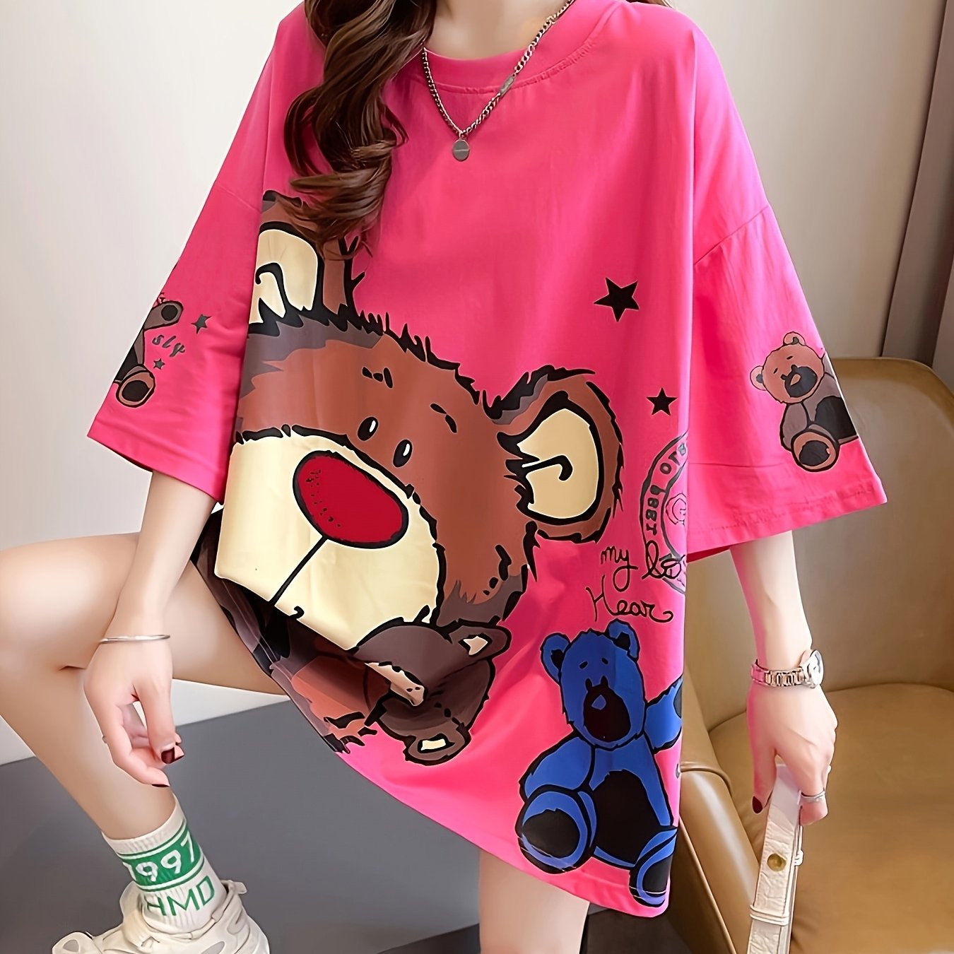 TEMU Summer New Large Size Loose Fashion Trend Slim Cartoon Round Neck Print Ladies Women's Medium And Long Short-sleeved T-shirt Clothes