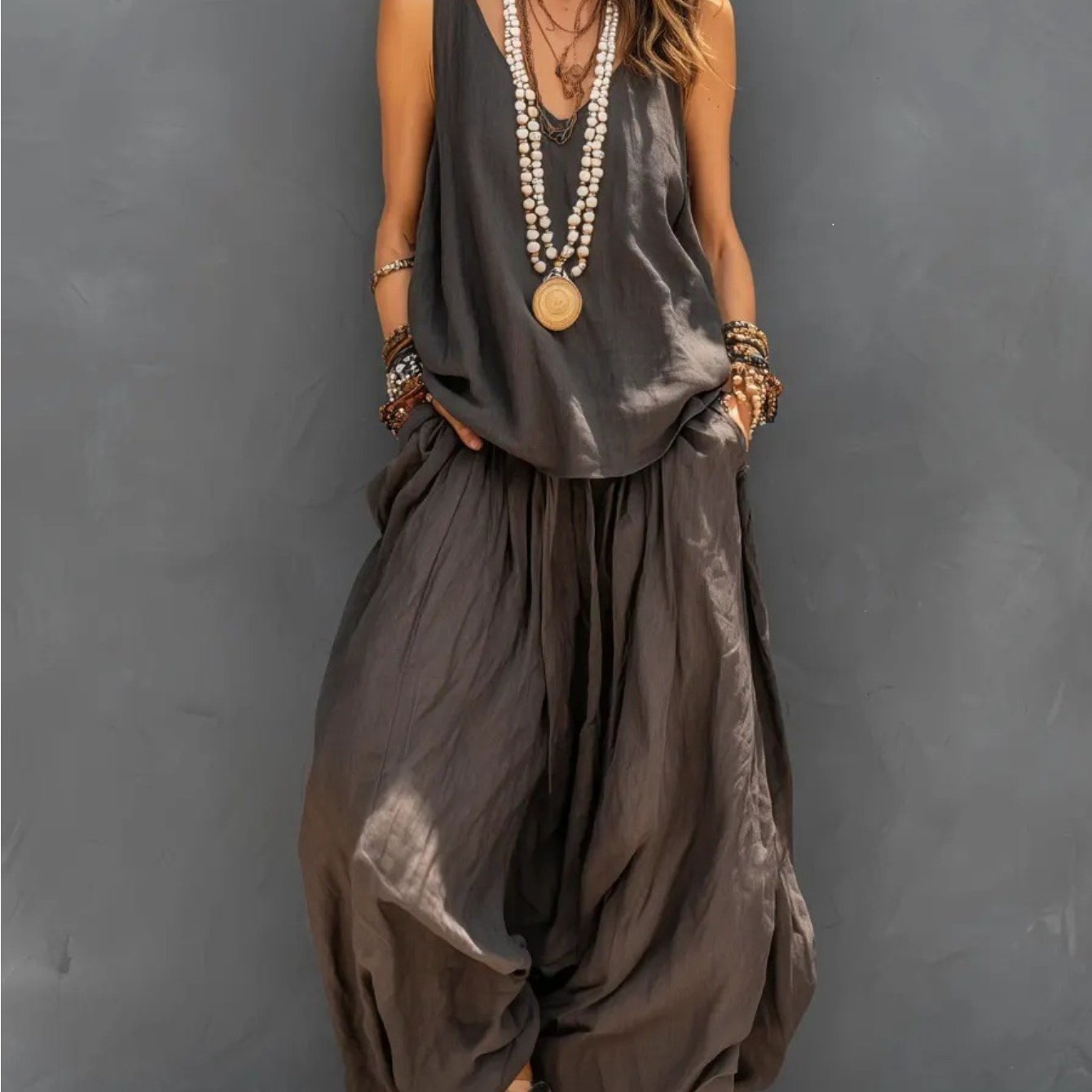 TEMU 2026 European And American Women's Casual Elegant Loose Comfortable Solid Top And Trousers 2pcs Set