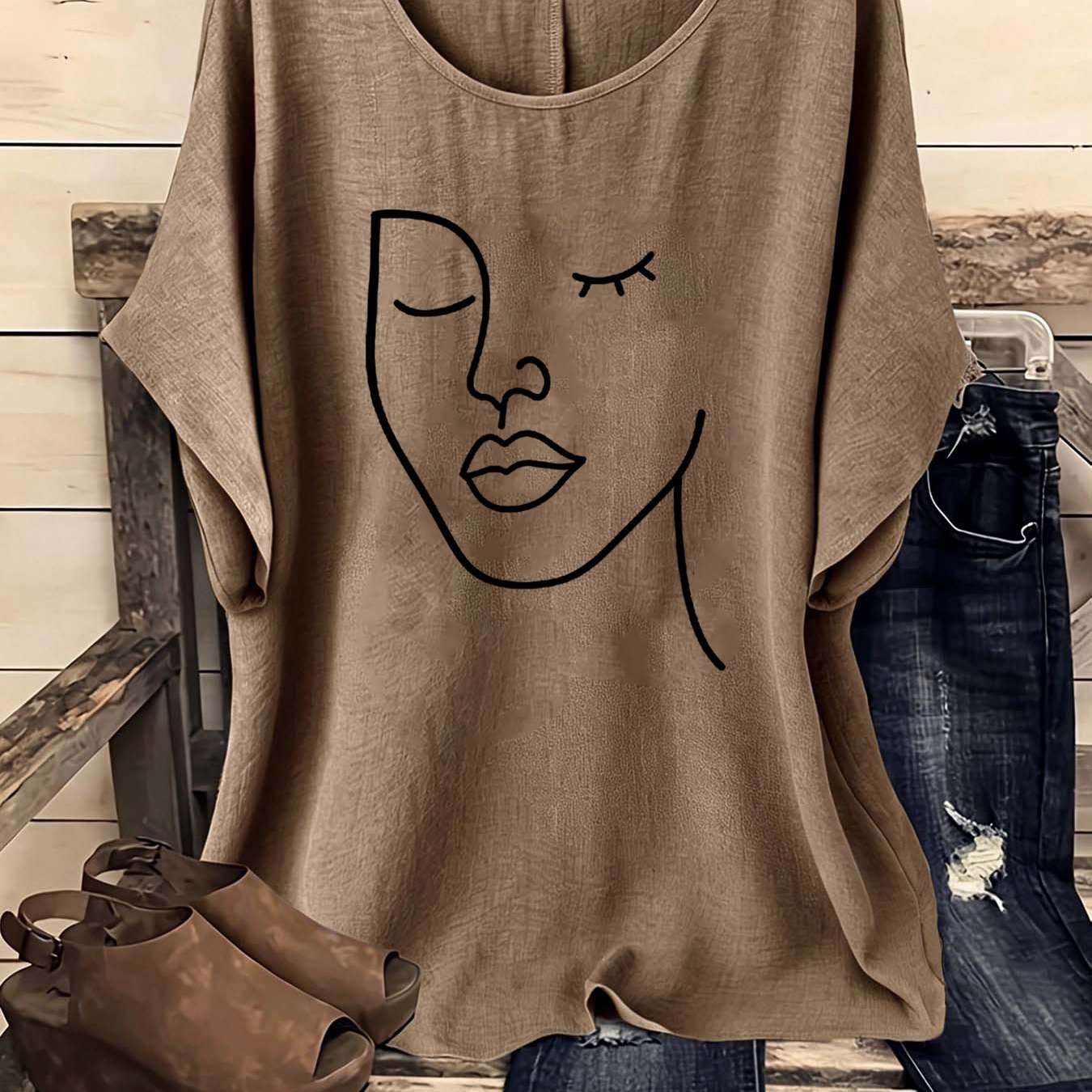 TEMU European And American Women' Bohemian Style Vintage Round Neck Short Sleeve Shirt, 1pc Women's Shirt, Vintage Women's Clothing, Women's Shirt,