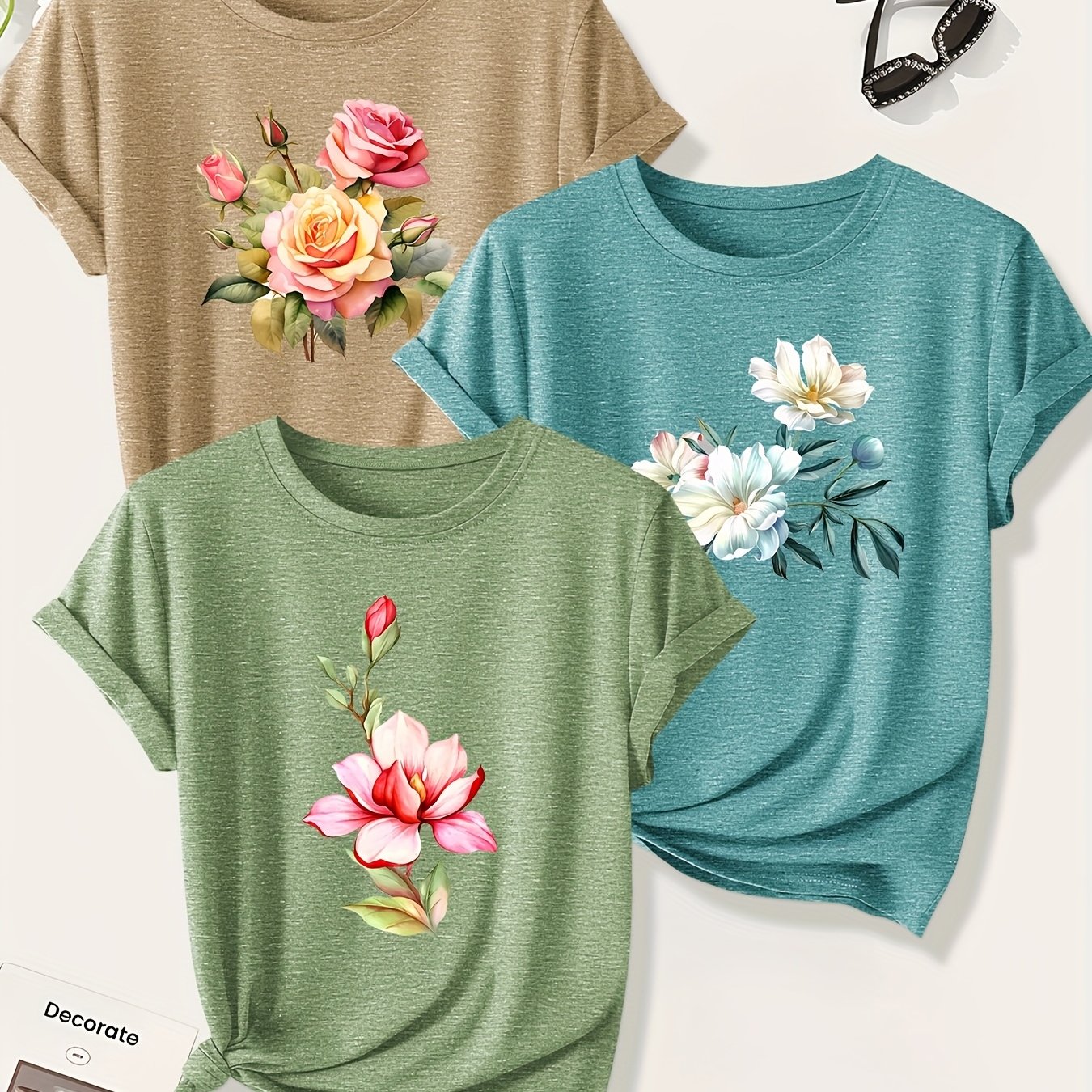 TEMU Set Of 3 Women's Short-sleeve T-shirts - Floral Print Summer Casual Shirts, Vintage Style Fashionable Short-sleeve Blouses For Commuting And