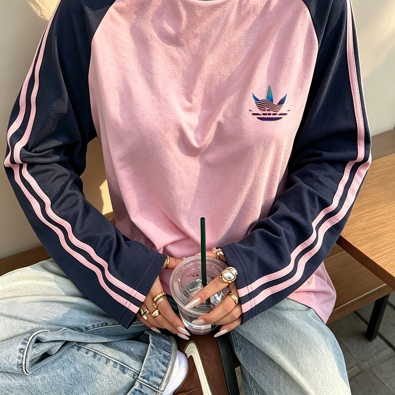 TEMU Athleisure Y2k Retro Style - Milky Touch Long Sleeve T-shirt, Graphic Tee With Side Stripes, Lightweight Breathable Crew Neck Top - Perfect For