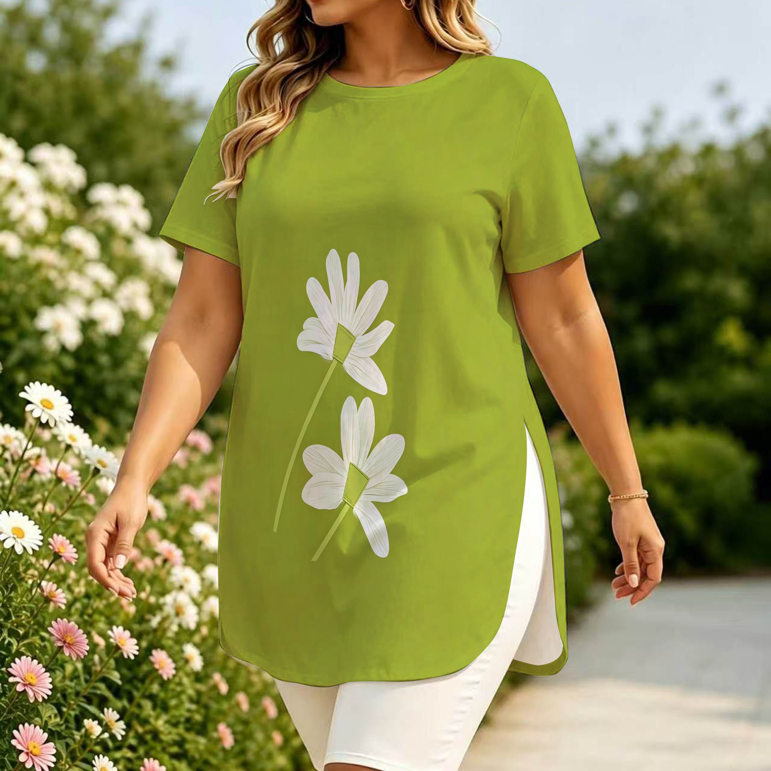 TEMU Plus Size Women's Round Neck Side Slit Long Short Sleeve Top, Fresh Small Daisy Top