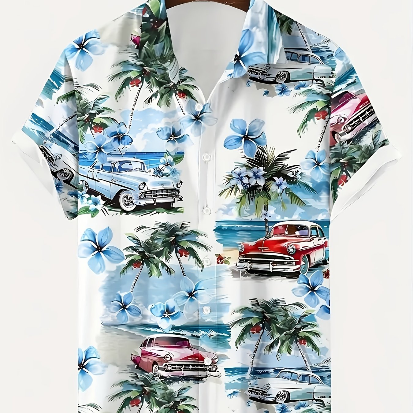 TEMU Vintage Car Palm Tree Hawaiian Shirt | Men's Comfortable Vacation-style Trendy Tops