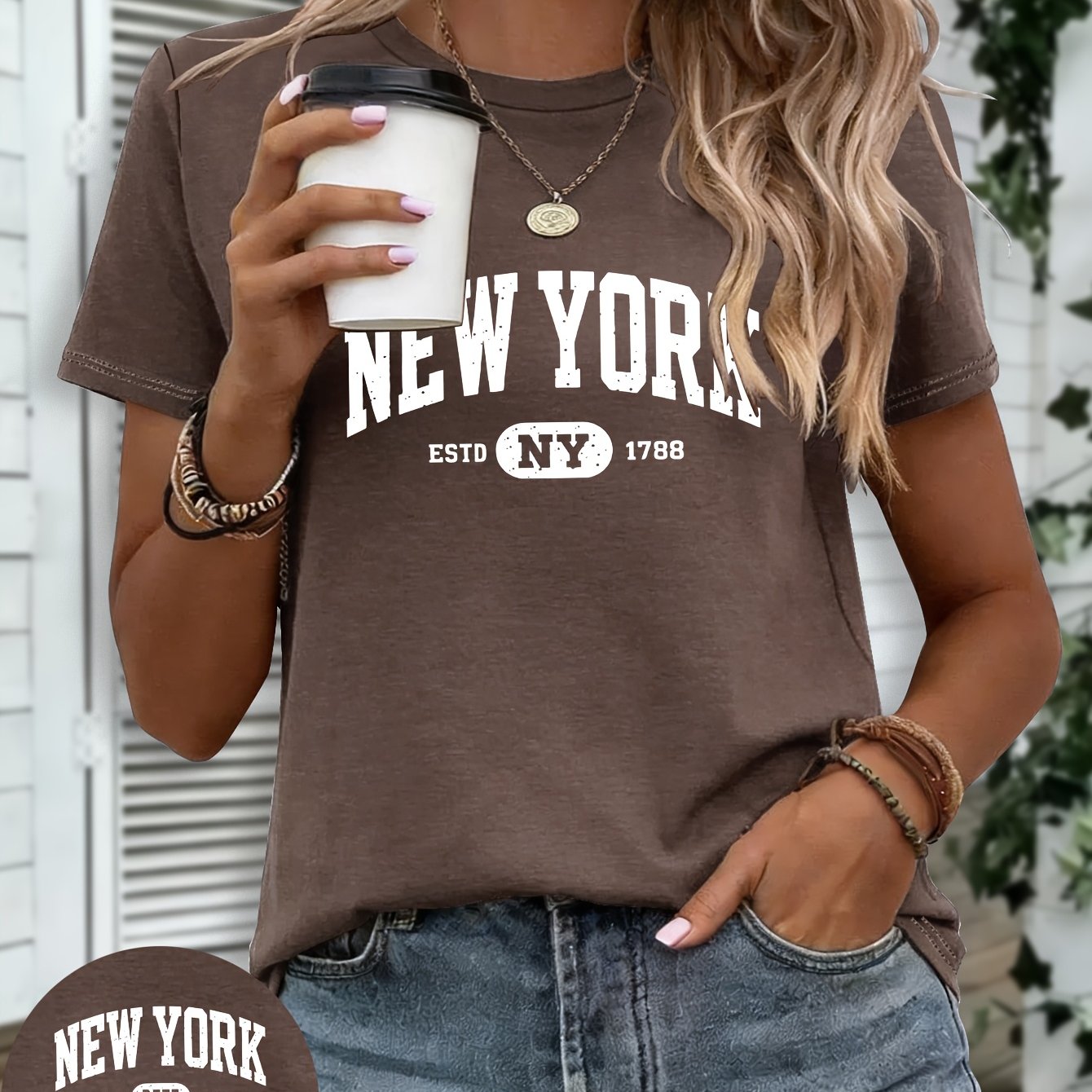 TEMU "" Letter And "estd Ny 1788" Graphic Summer Women's Clothing Casual Stretch Comfortable Round Neck Women's Short Sleeve Pullover T-shirt_9780
