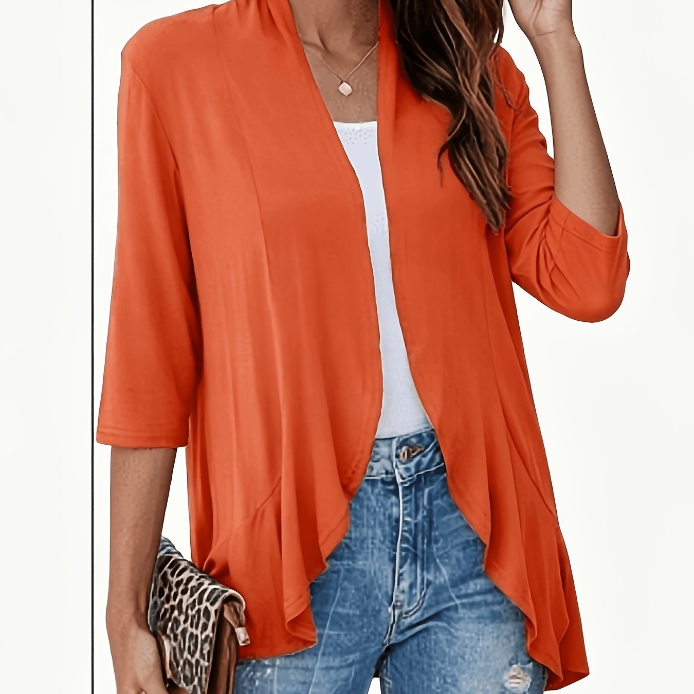 TEMU Women's Elegant Lightweight 3/4 Sleeve Cardigan, Solid Open Front Casual Blouse, Versatile Breathable Summer Top For Daily Wear