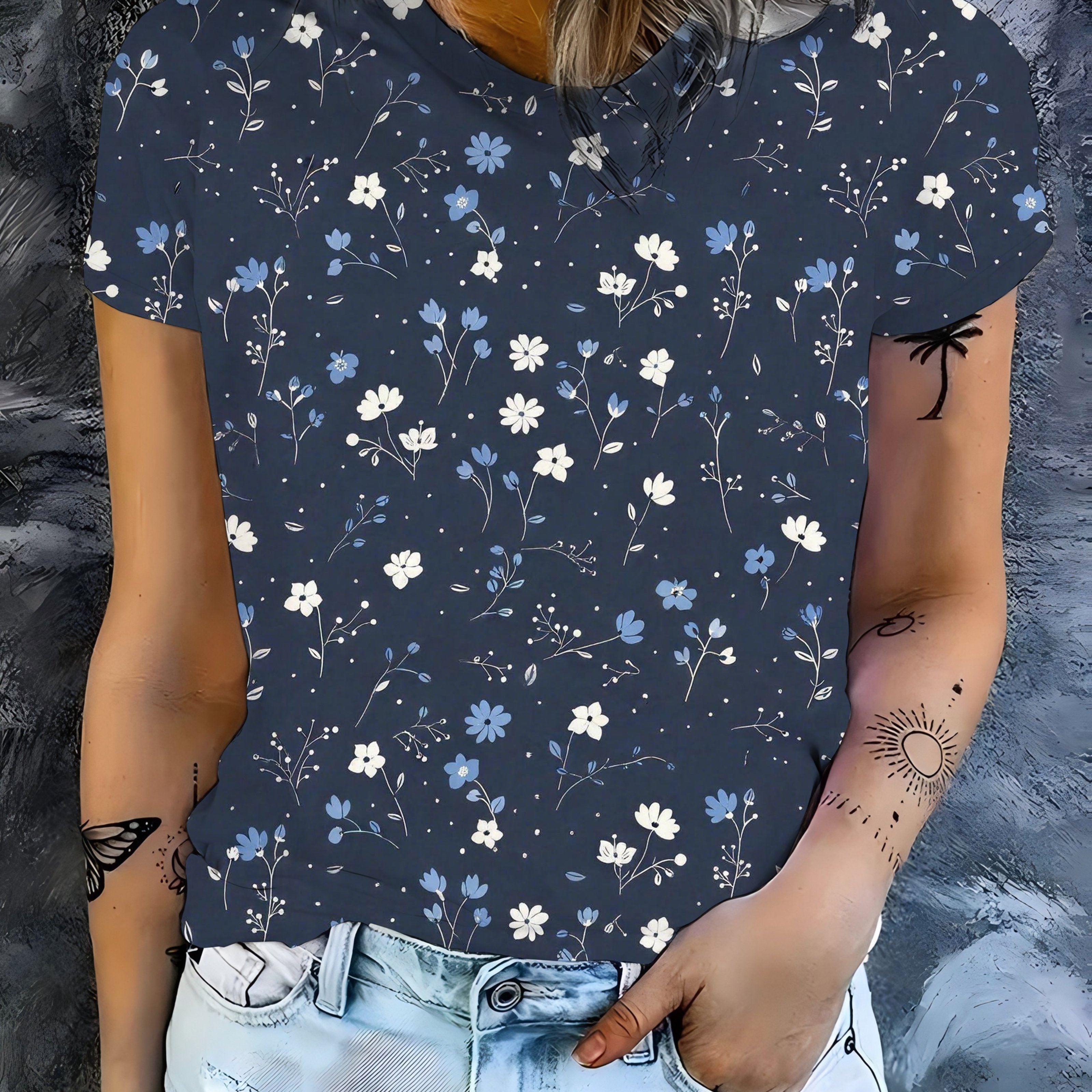 TEMU Women's Floral Print T-shirt - Short Sleeve Blouse Suitable For Commuting, Daily Wear & Parties | Machine Washable Round Neck Top With Durable