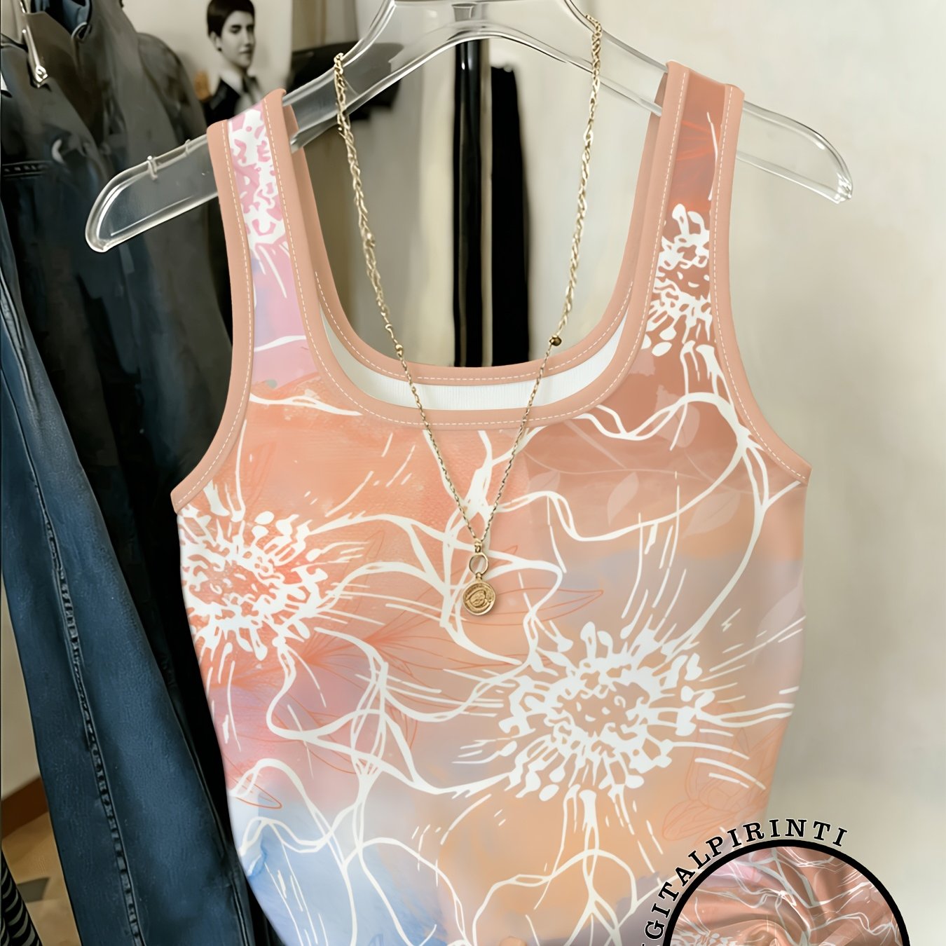 TEMU Peach White Line Floral Pattern Sexy Camisole For Women, Romantic Abstract Street Style, For Daily Casual Wear Or Layering, Cool And Breathable