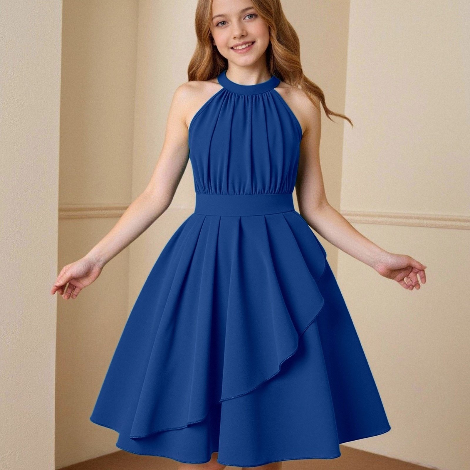 Image of Girls' Elegant Backless Halter Neck Midi Dress, Dress For Spring/summer, Halter Neck, Midi A-line