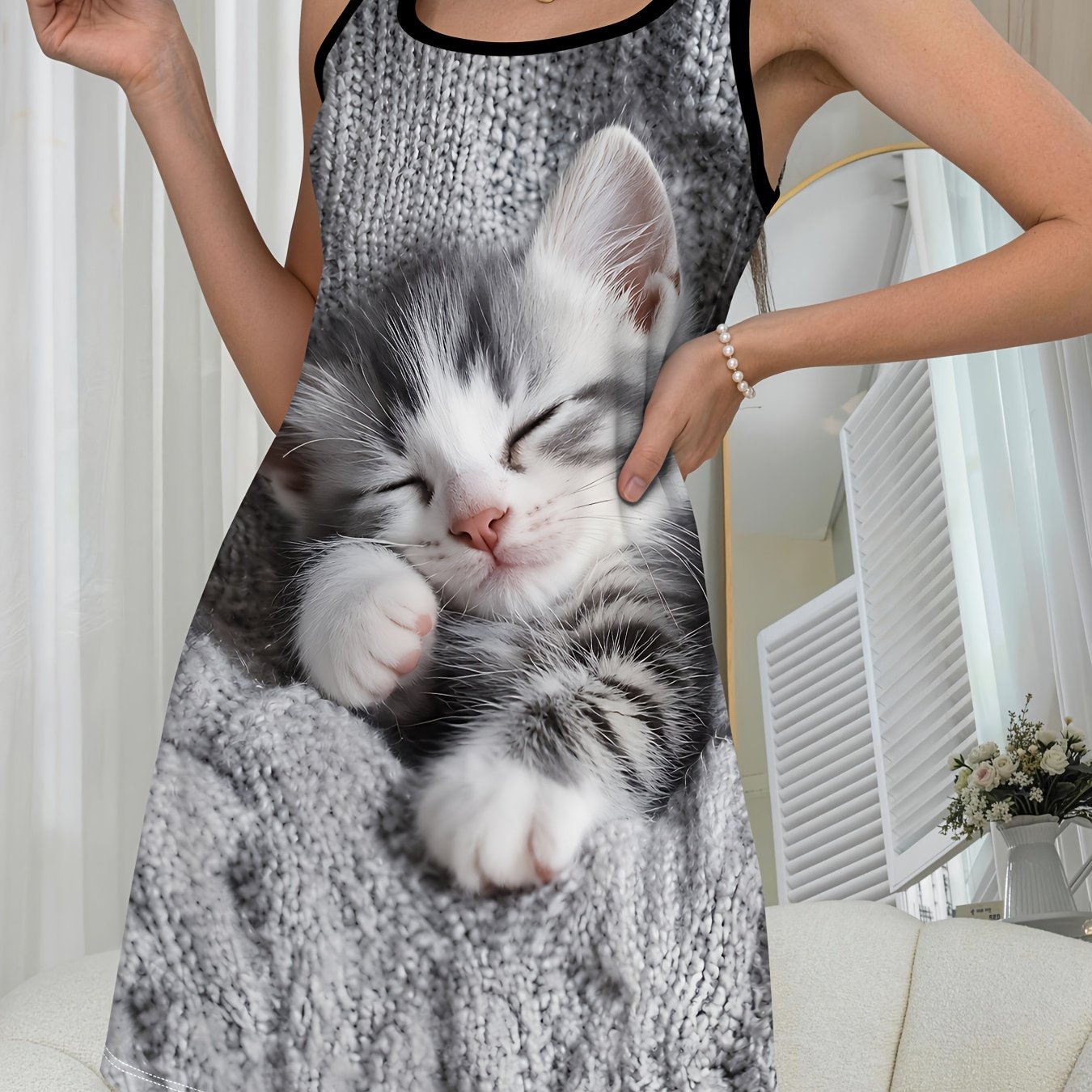 TEMU Chemise de nuit décontractée pour femme, chemise de nuit à bretelles avec imprimé réaliste de chaton dans des , confortable , vêtement