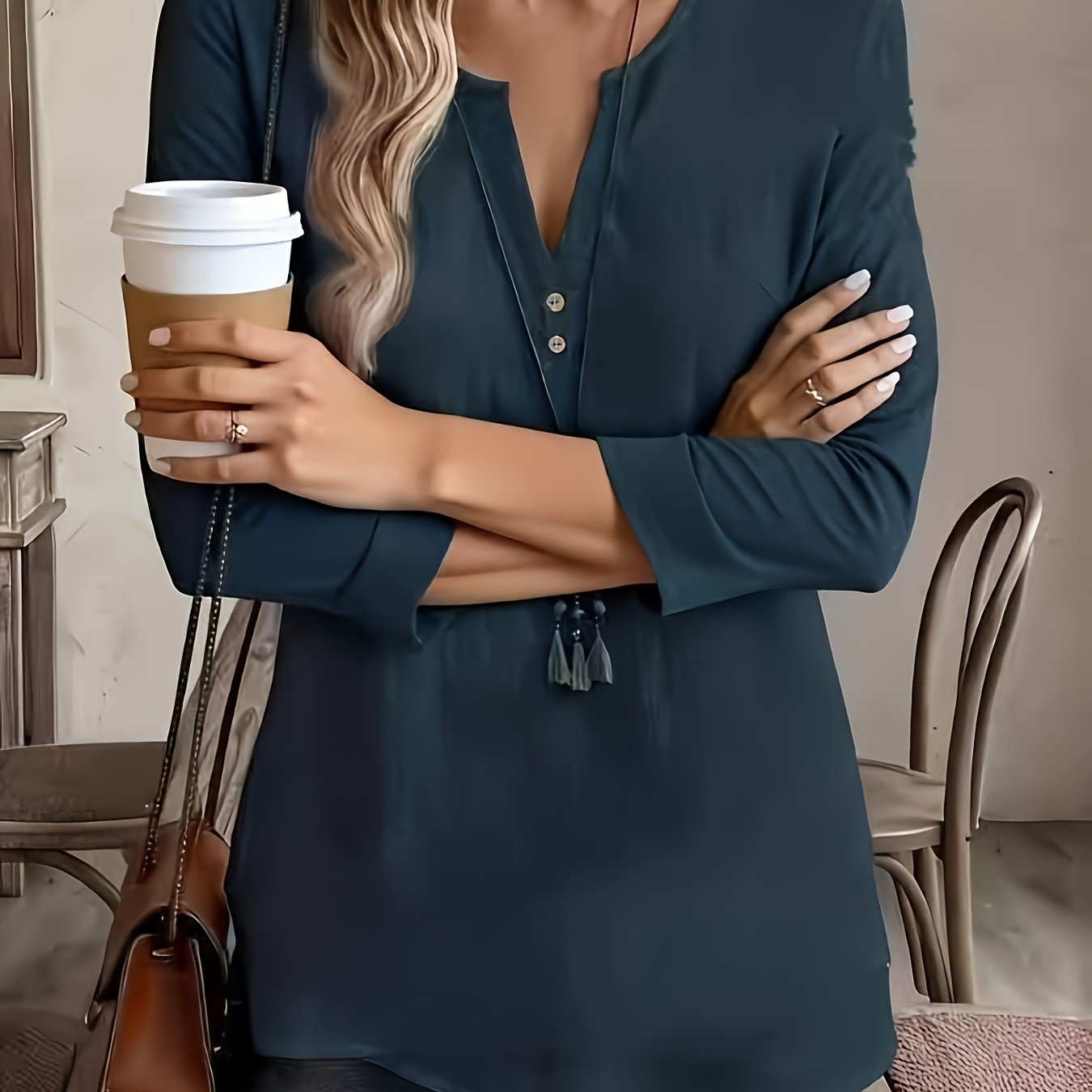 E-shop Plus Size - Plus Size - Damen V-Ausschnitt Top - Marineblauer Stil, Mittellange Ärmel, Lässige Bluse, Lockere Passform, Ganzjahreskleidung,