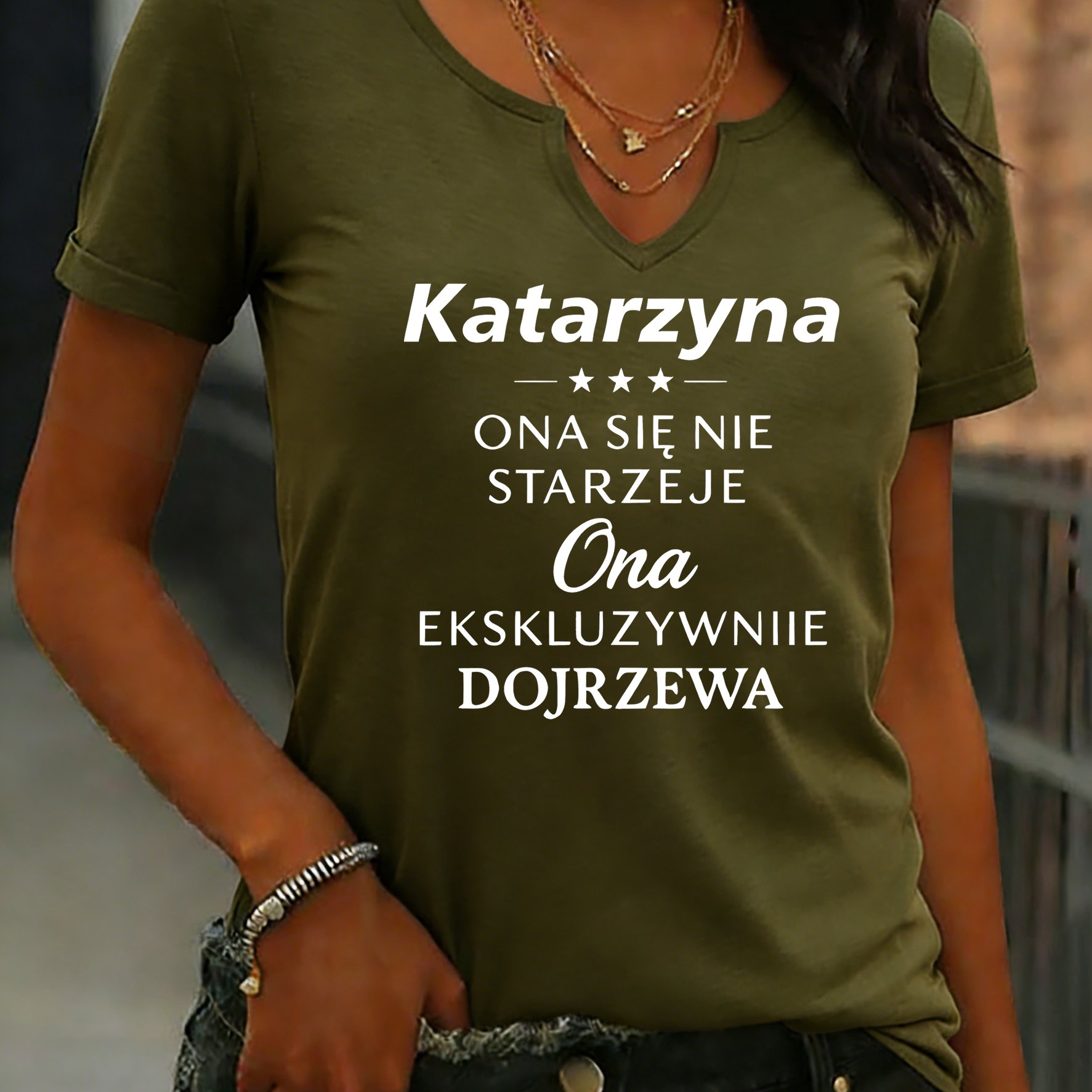 TEMU Women's Summer V-neck T-shirt, Polish-language Humorous Quote Design, Lightweight Breathable Fabric, Ideal For Casual , Birthday Gifts, And