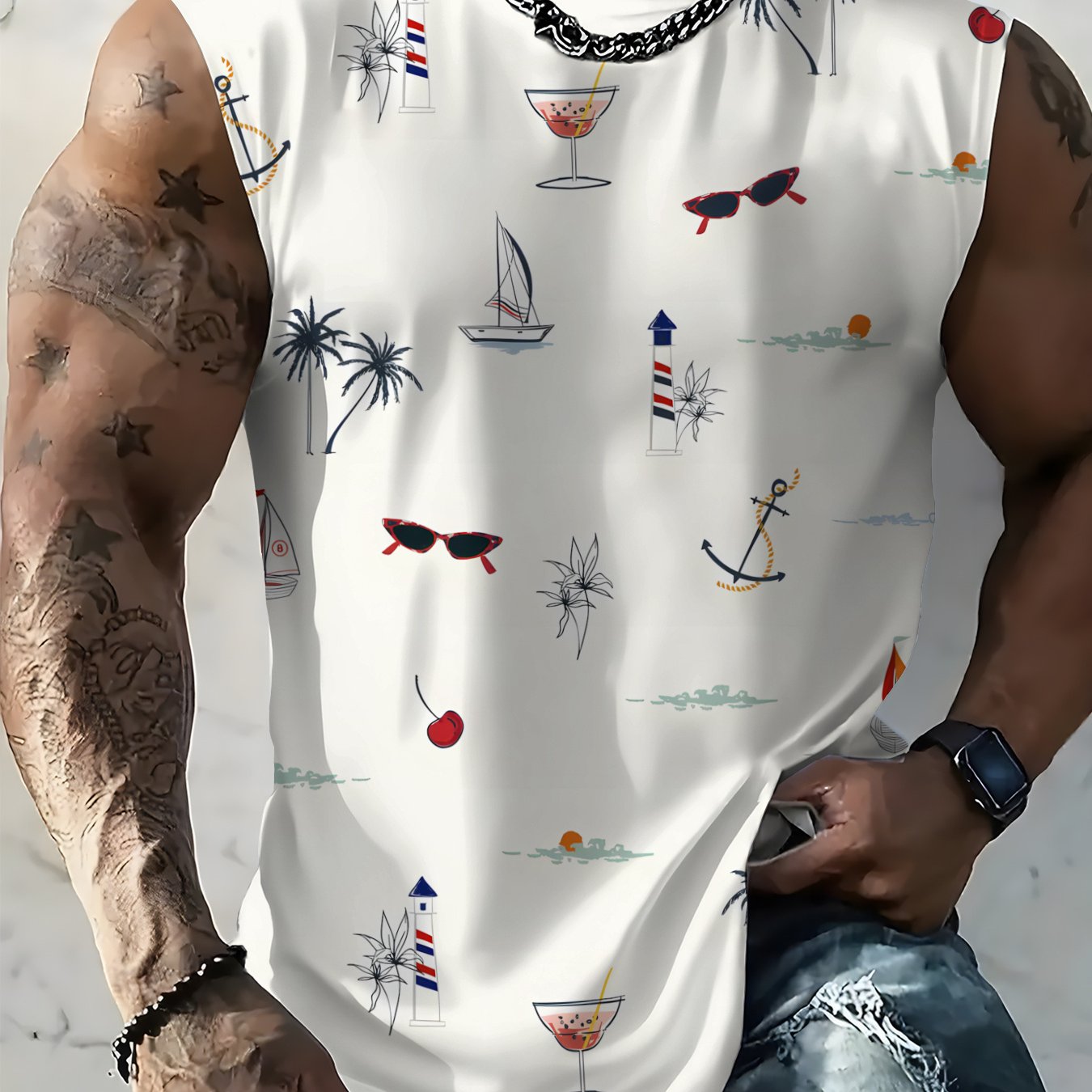 TEMU [print Design-not Textured] Men's Fashion Casual Sleeveless Vest, Full Print Beach Pattern, Fresh And Lazy, , Suitable For Daily And Beach