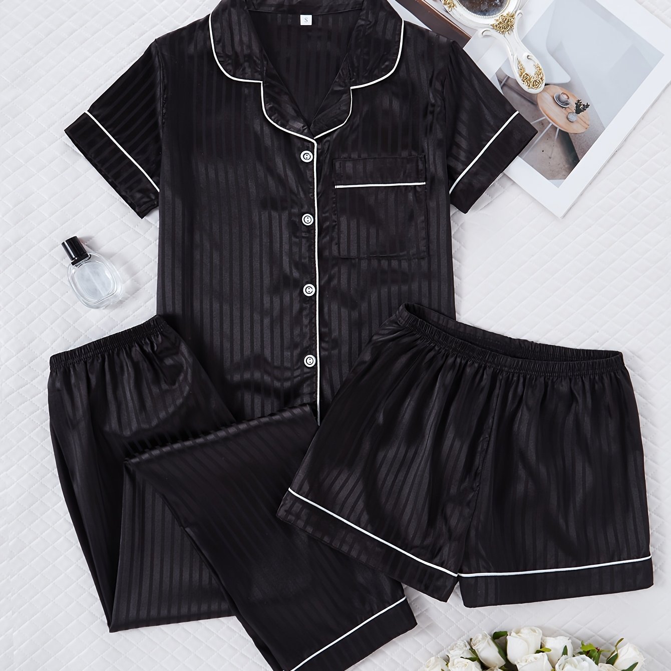 TEMU Solid Black Vertical Jacquard Plain 3pcs Pajama Set. Lapel Short-sleeve Button-front Top, With Long Pants And Shorts. White Contrast Piping