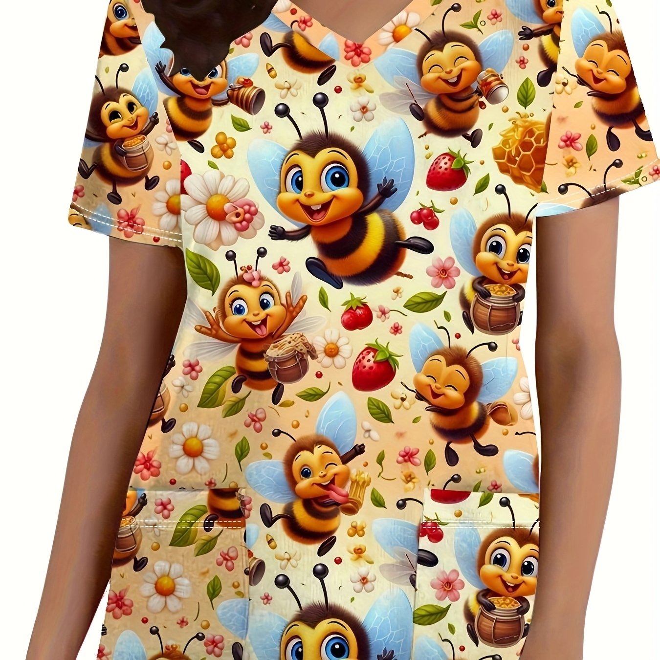 TEMU Women's V-neck Printed Short-sleeve Nurse Uniform Scrubs