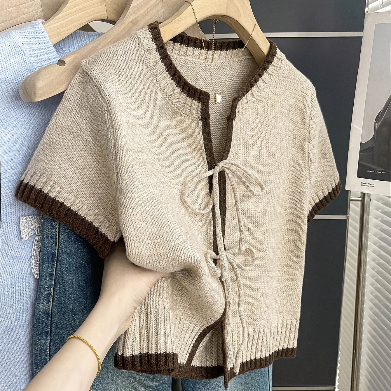 TEMU /summer Casual Loose- Neck Short-sleeve Cardigan With Contrast Trim, Tie-front, Versatile For Dates, Travel, And Daily Wear