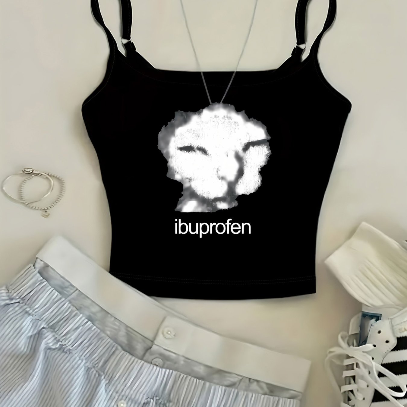 TEMU American-style Round Neck Camisole - , Medicine Print Pattern, Y2k Vintage Spicy Adjustable Thin Strap Crop Cami Top, Women's New Summer