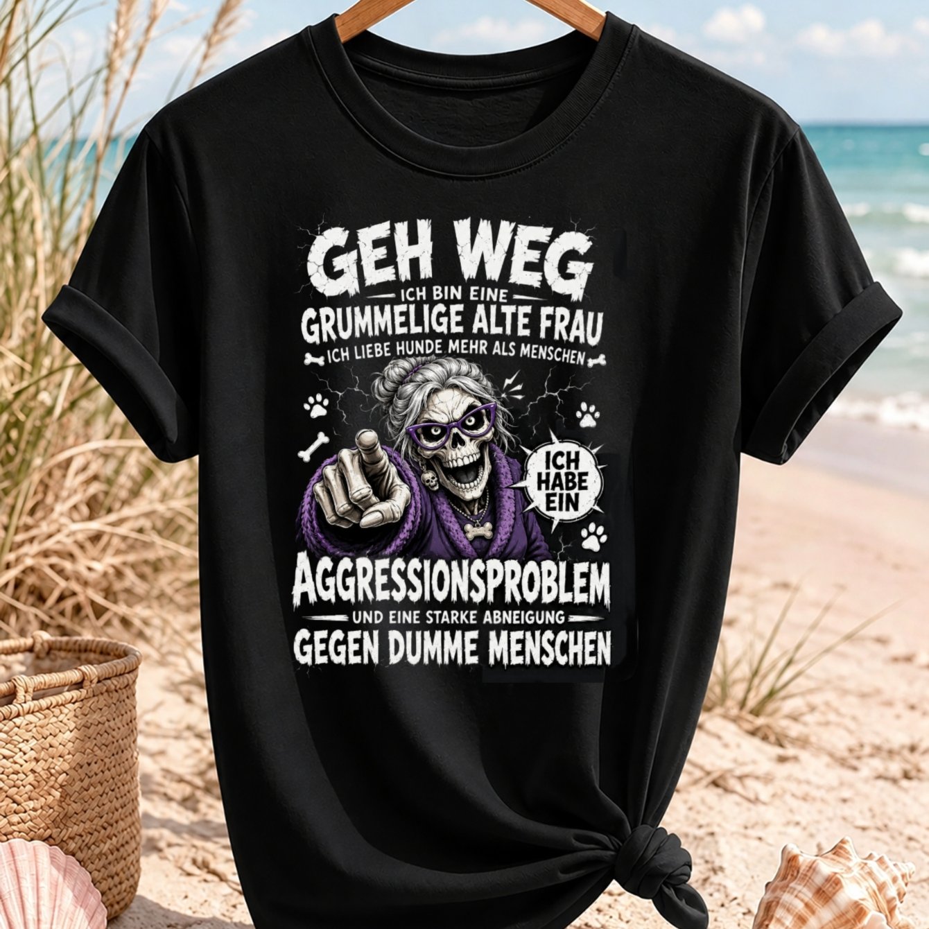 Purple Old Woman T-shirt With Skull And German Problem Quote Unisex All T-shirt
