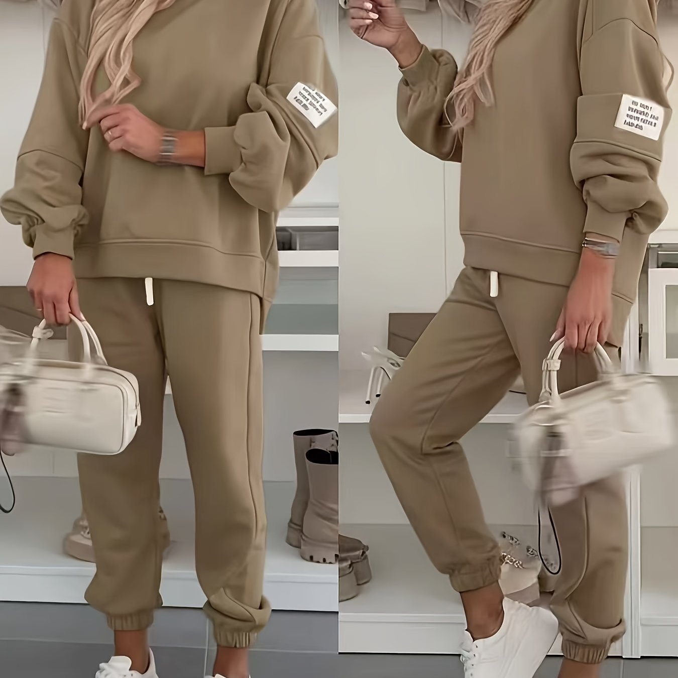 TEMU 2026 /winter Loose-fit Solid Color Crew Neck Sweatshirt And Sweatpants 2pcs Set For Women, Soft, -friendly, Draping Casual Set, Versatile