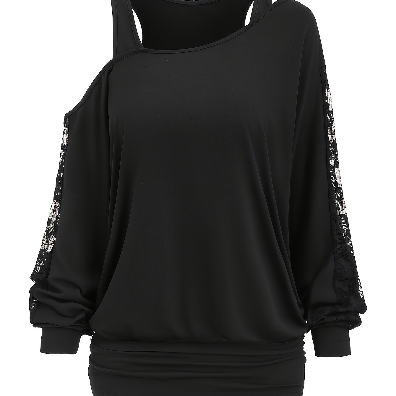 Plus Size, Plus Size 2-in-1 Look Lace Spliced Long Sleeve Top