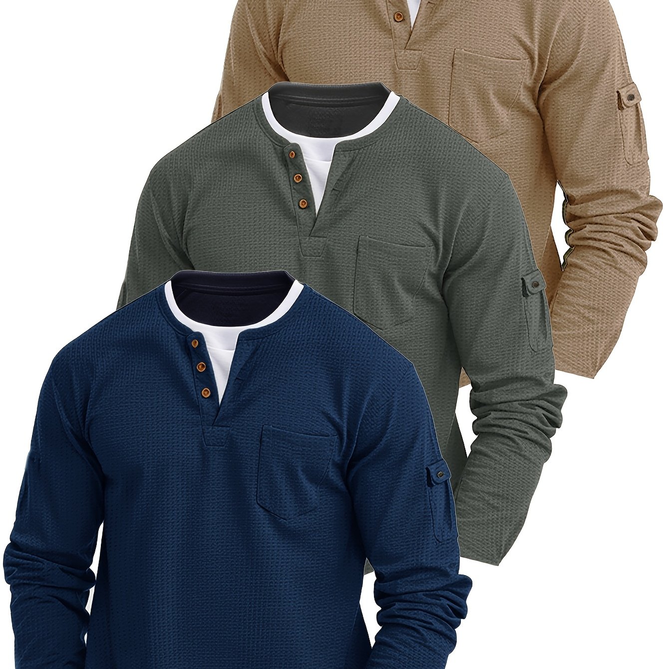 E-shop (3-teiliges Set) Herren Sportlich Multi-Pocket Easy Casual Outing Bequemes Rundhals Zweiteiliges Langarm Top