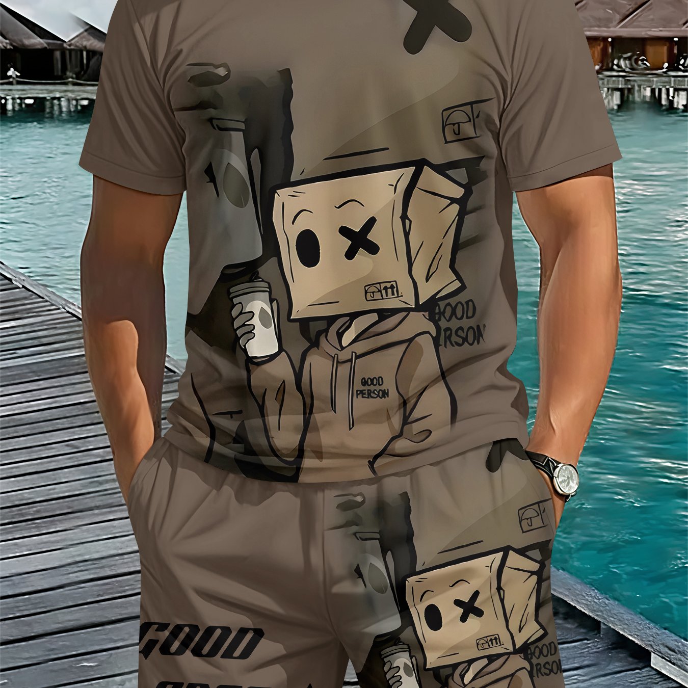 TEMU Completo da con 3D a , maniche corte e pantaloncini - Set 2 pezzi con stampa sacchetto di carta in stile cyber - Abbigliamento ed elegante - Un
