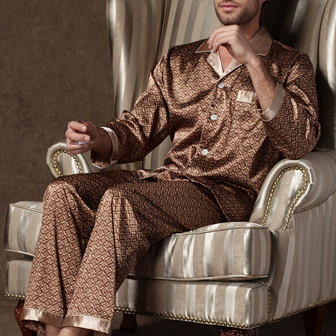 Autumn Fall Men' Long Retro Print Pajama Set