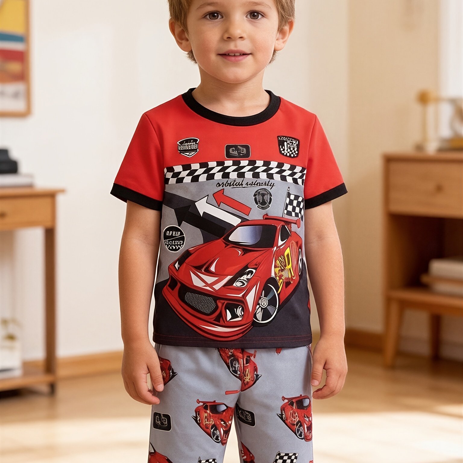 2pcs Set Of Boys' Cartoon Car Print Short-sleeve T-shirt And Casual Shorts, Suitable For Summer, School, Outdoor, And As A Gift, For Outdoor