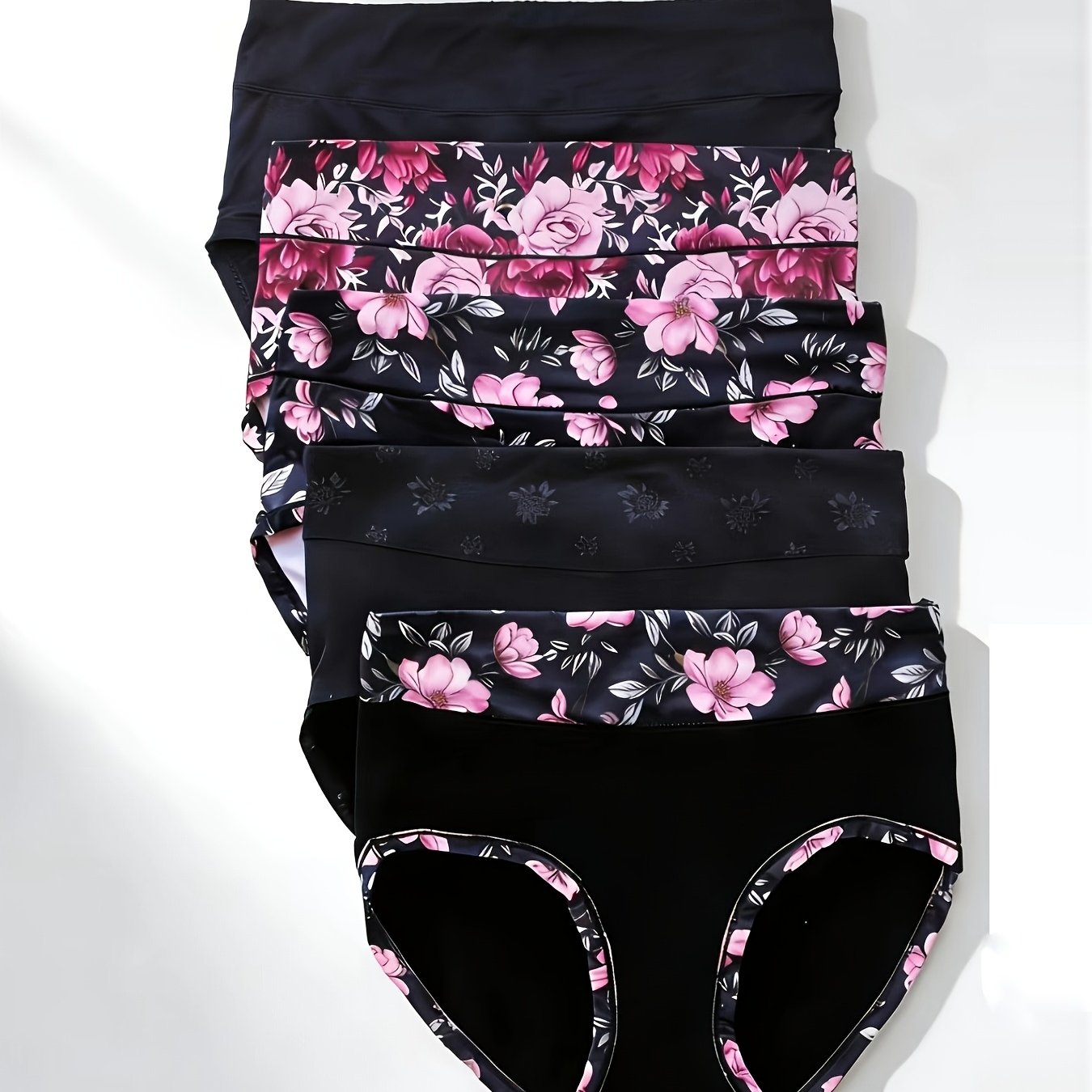 E-shop 5-teiliges Pack Damenunterwäsche, High-Waist Plus Size Tanga, Uni-Farben mit Blumenmuster, Schwarze Serie, Ganzjahres-Schönheit Plus Size Bequem