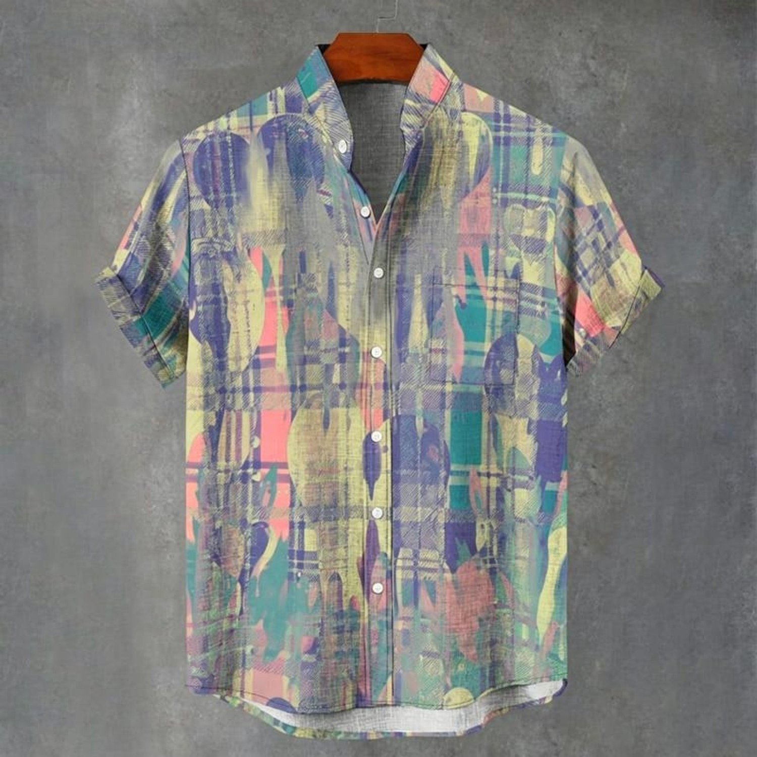Image of Men's Digital Printed Stand-collar Pocket Shirt, Polyester Fabric, Casual And Comfortable For Daily Wear, Color: Mixed Color, Size: Multiple Specifications , Short-sleeved Abstract Pattern