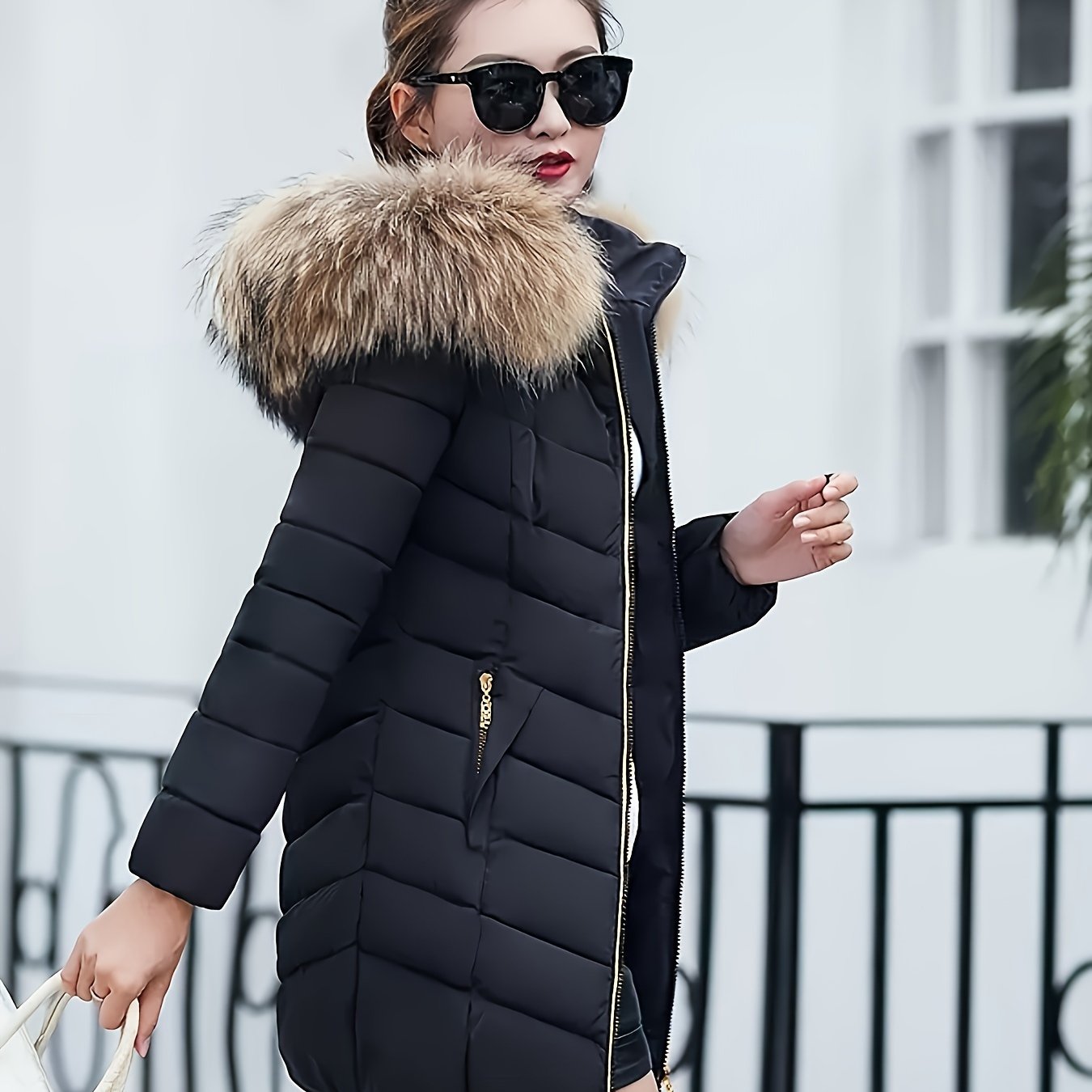 TEMU Elegant Women's Mid-length Winter Coat With Fur Collar - Chic , Long Sleeve, Machine Washable