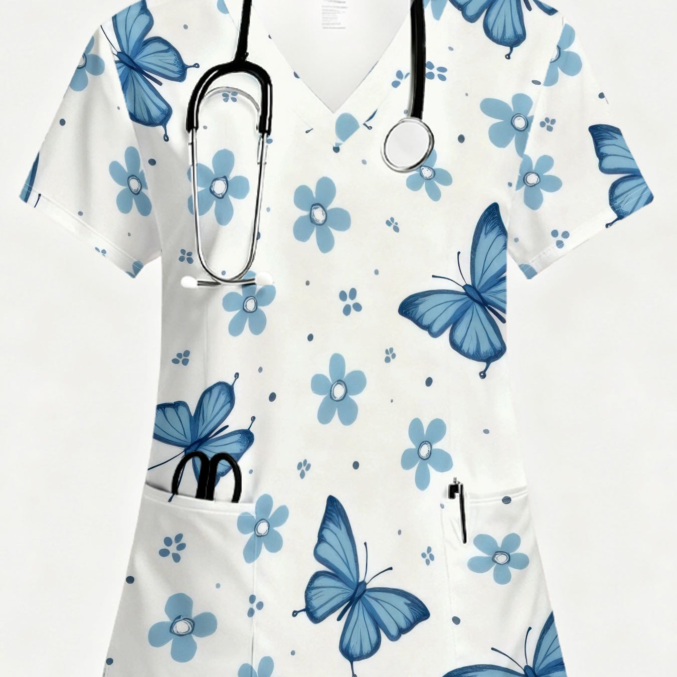 TEMU Uniformes de enfermera de manga corta con cuello en V para damas, con bolsillos, estilo minimalista moderno, estampados de mariposas azules y