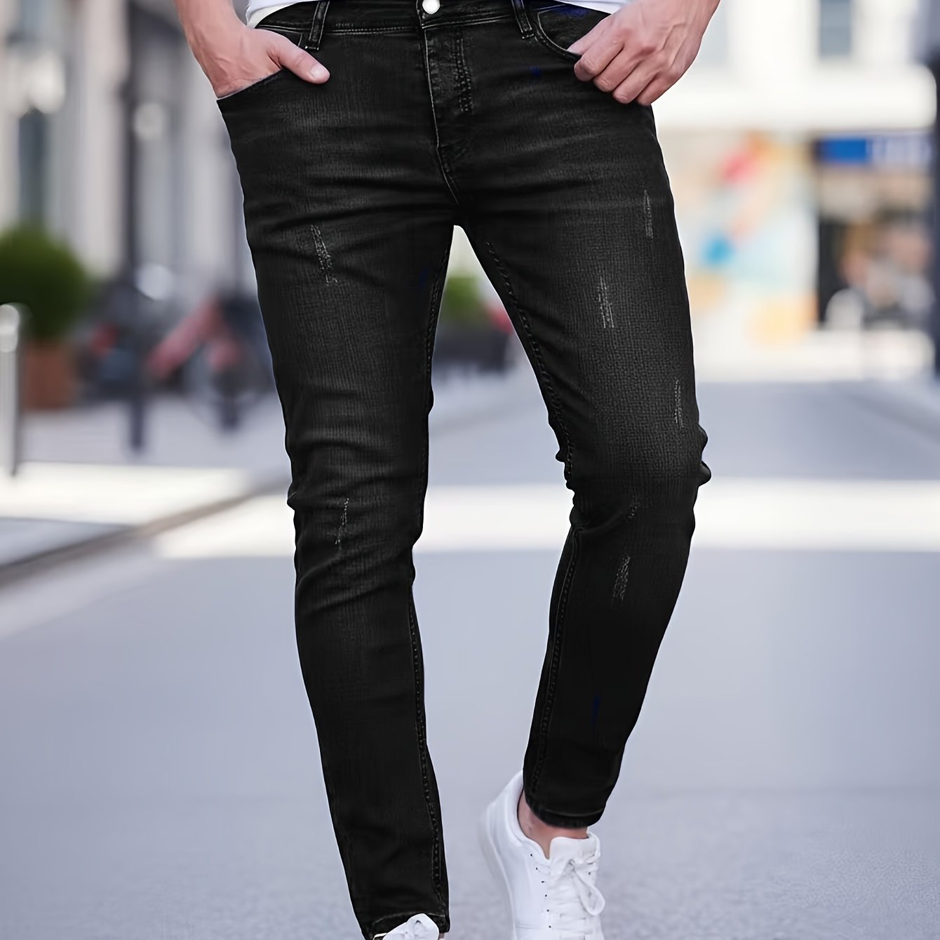 Image of A Pair Of Black Vintage Business Casual Jeans For Men, Long Pants, Stylish And Versatile, Slim-fit With Elastic Fabric, Featuring Buttons And A Zipper