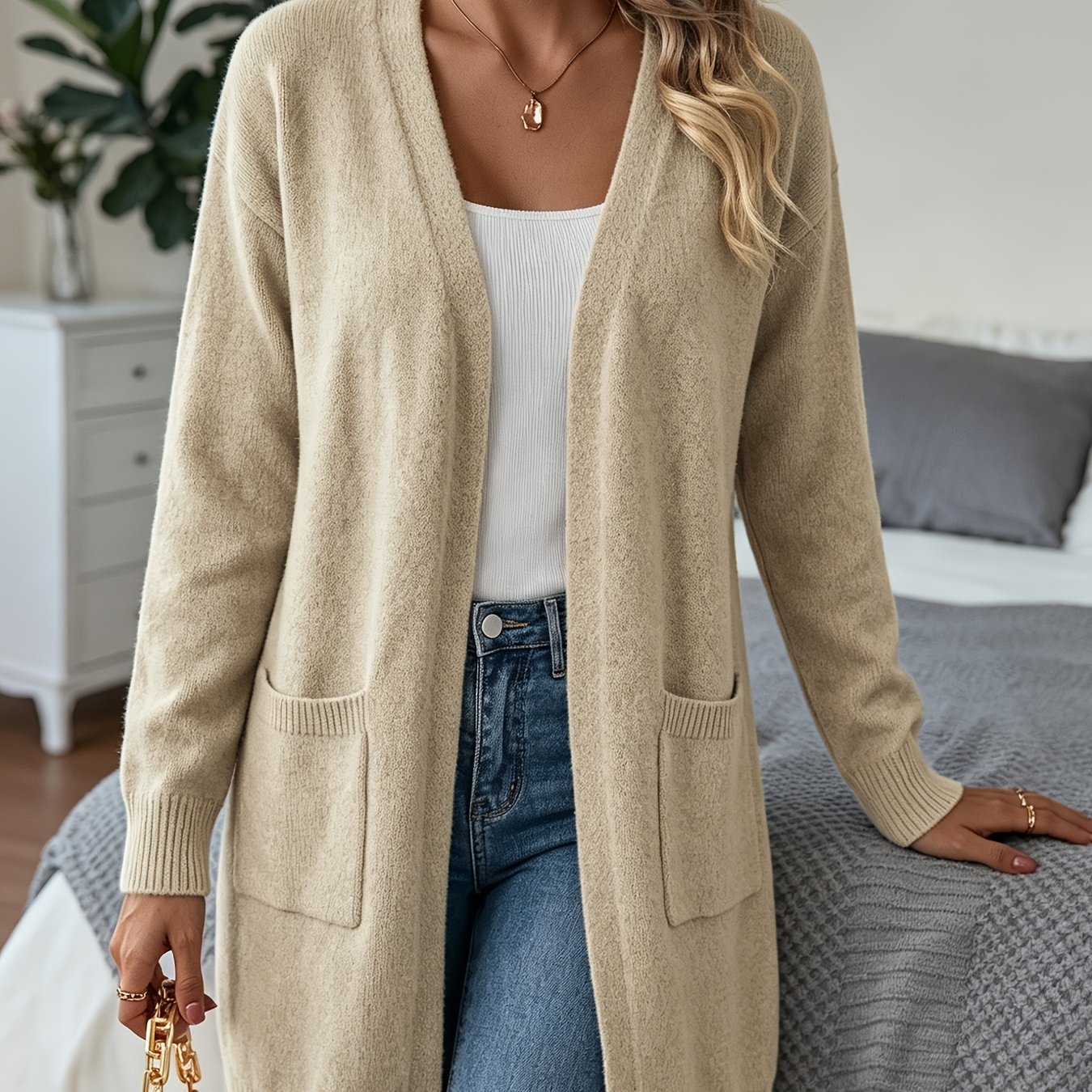TEMU Women's Fall Winter New Solid Color Mid-length V-neck Long Sleeve Cardigan, Soft Comfortable Loose With Pockets, Casual Top, Lazy Style Solid