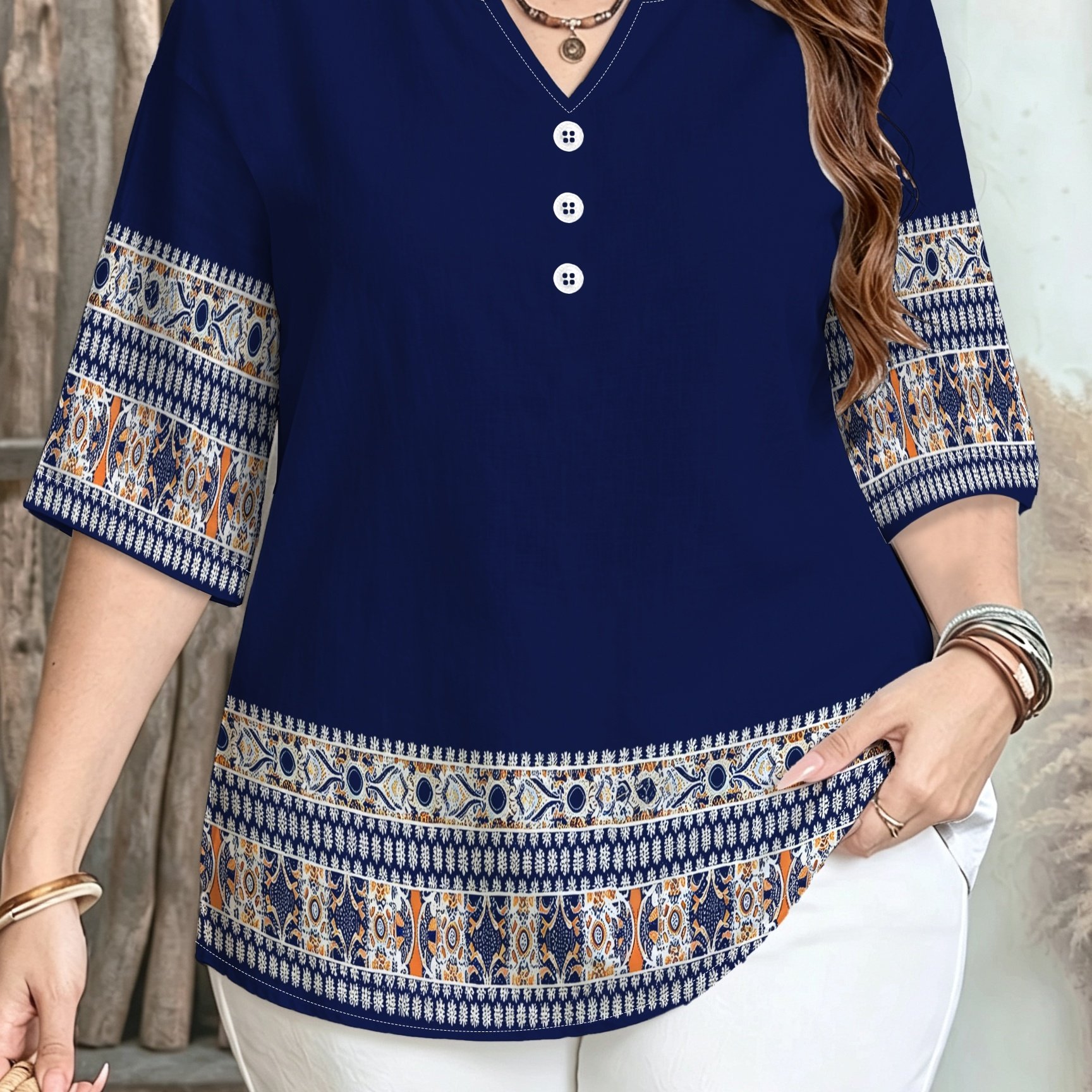 TEMU Fashion Women's Wear: Women' Solid Color Ethnic Pattern V-neck Three-quarter Sleeve Button-up Shirt, A Perfect Gift For Women [printed Design –