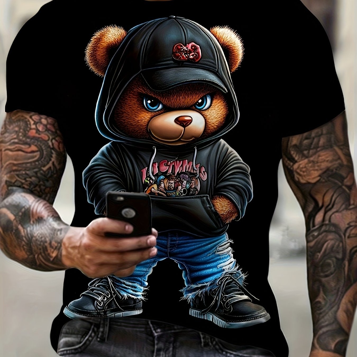 TEMU Men's T-shirt, Cartoon Anime Bear Style Pattern Round Neck Short Sleeve T-shirt, Men' Regular Fit T-shirt, Summer Short Sleeve Top, Comfortable