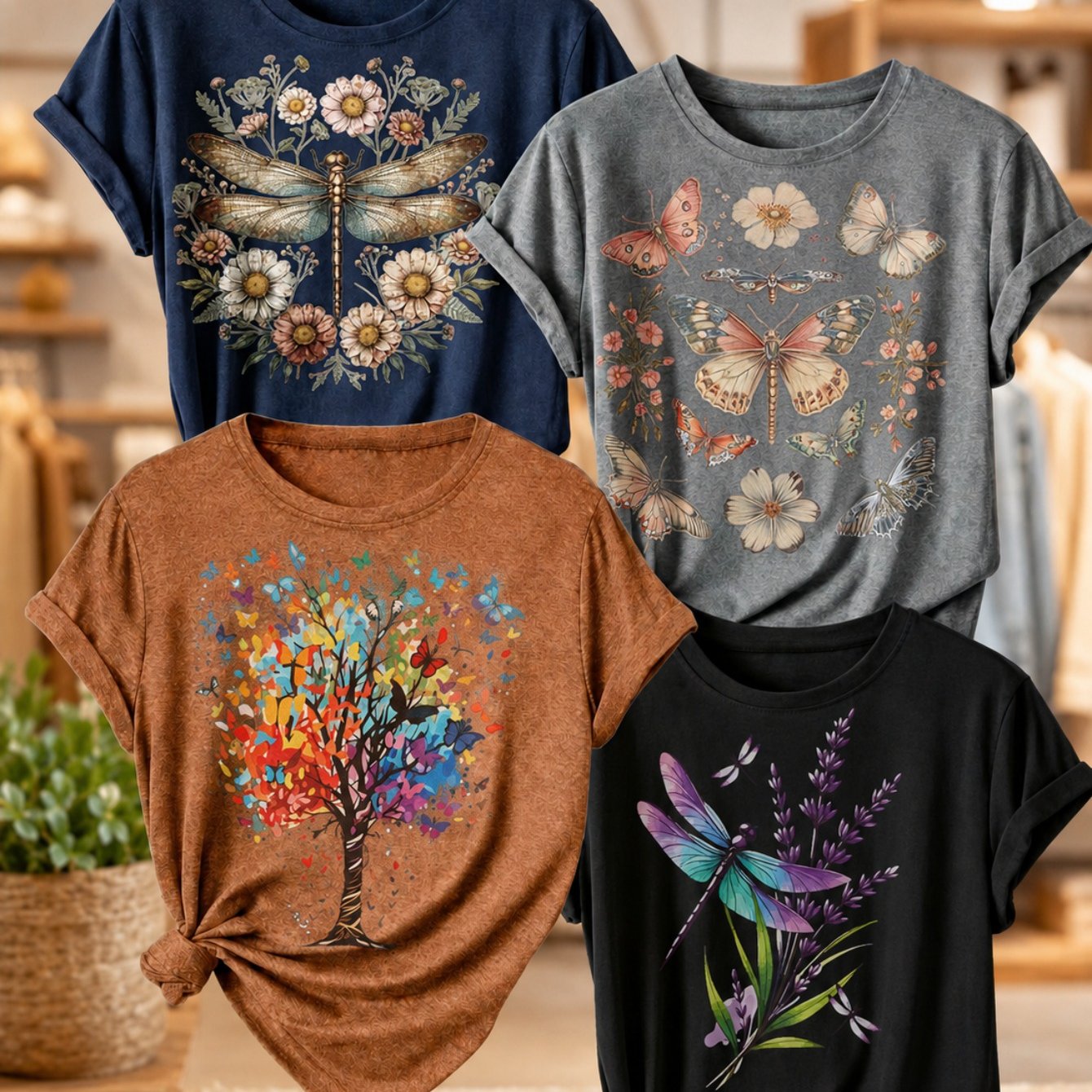 TEMU Plus Size - 4-pack Women's Plus Size Graphic T-shirts, Dragonfly Print Crewneck Short Sleeve Casual Summer Tops