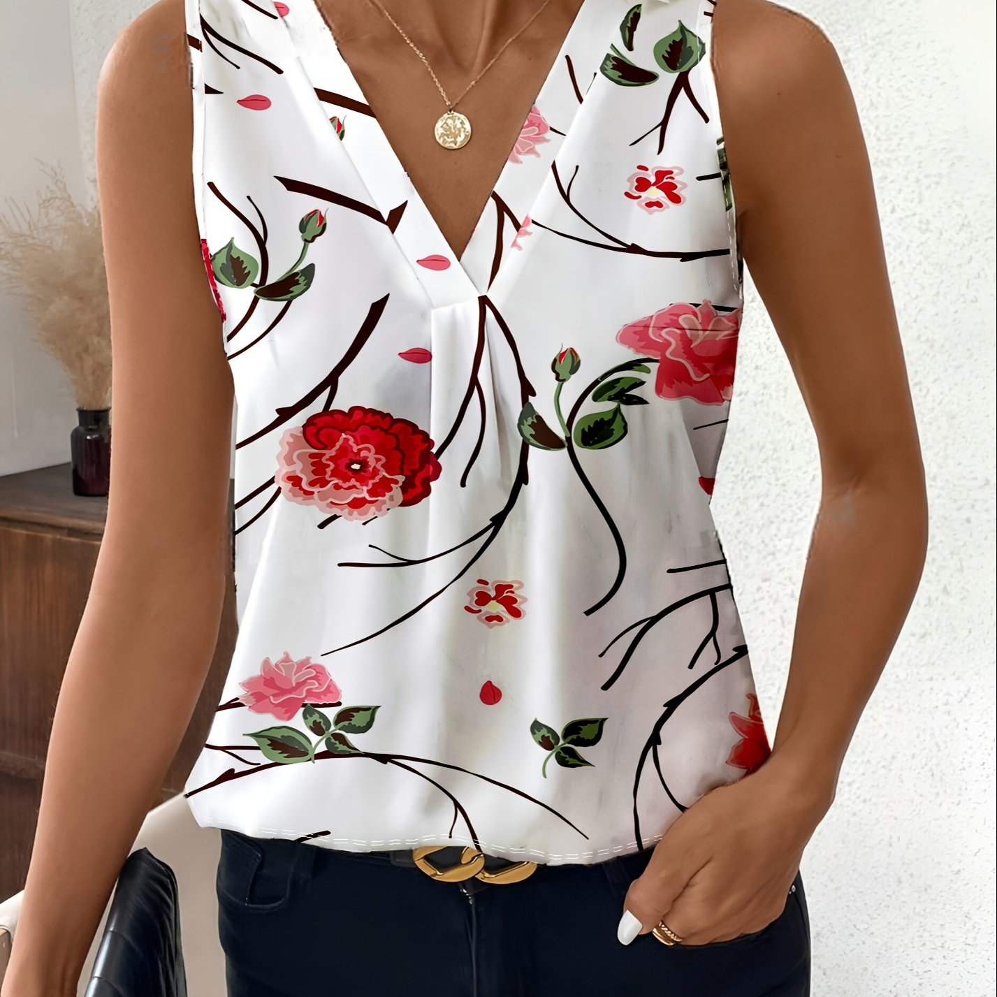 E-shop Plus Size - Plus Size - Niedliches weißes Basis Rot Blumenmuster Elegantes Plus Size Sommer Damen Tank Top, Geometrischer Digitaldruck Stretch