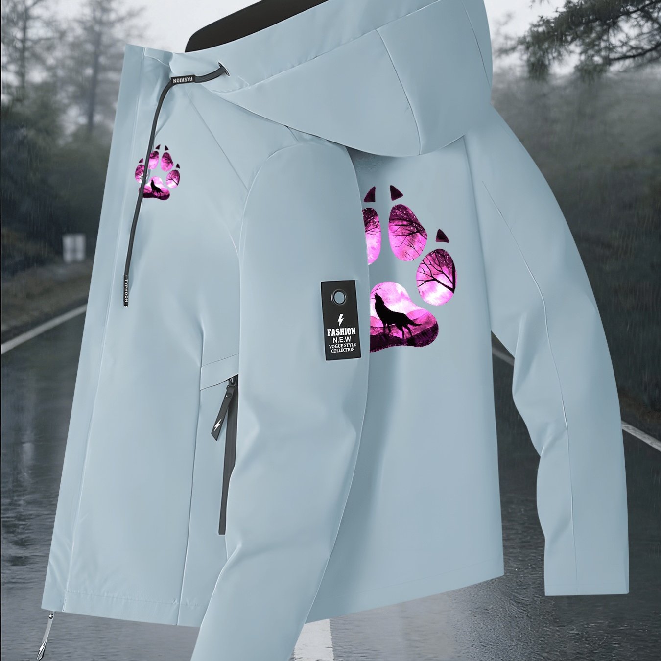 TEMU Women's S Jacket, Wolf Paw Print, Purple Forest, And Wolf Silhouette Pattern Print Long Sleeve Zipper Pocket Hooded Windbreaker, Lightweight