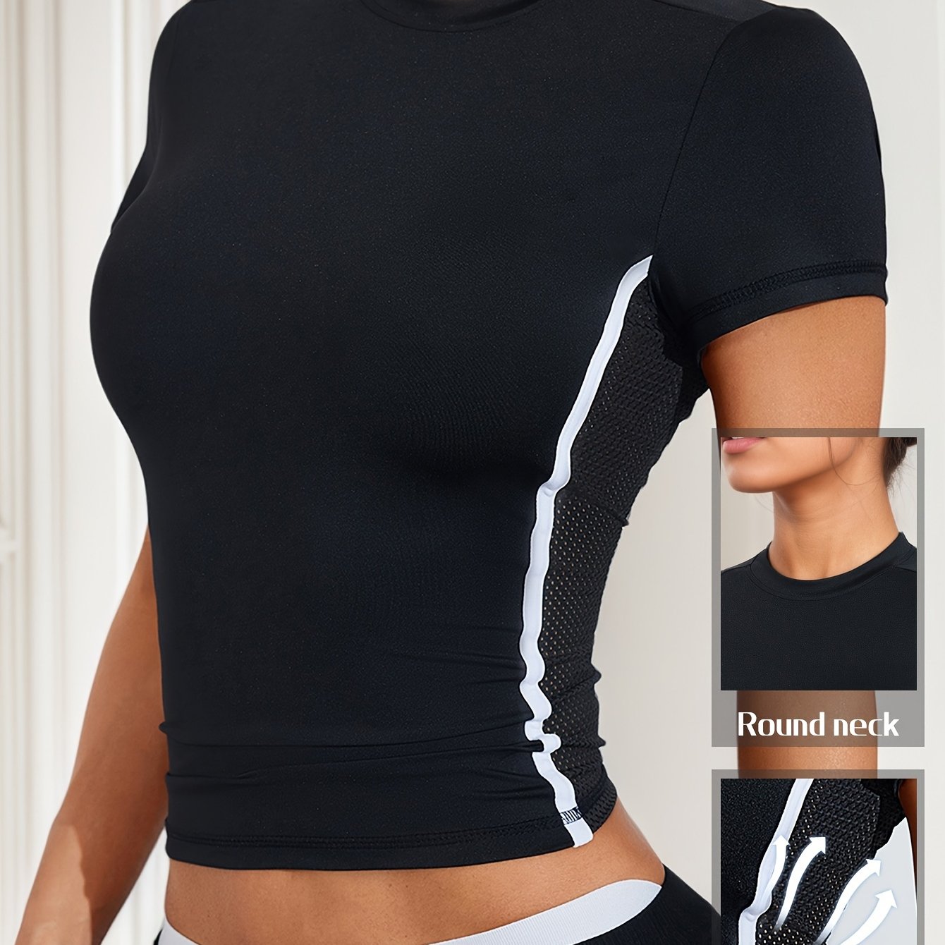 E-shop Neues Damen Yoga Fitness T-Shirt, Weißer Streifen auf der Seite, Atmungsaktive Mesh-Armlagen auf der Seite, Sexy und Bequemer Commuting Outdoor
