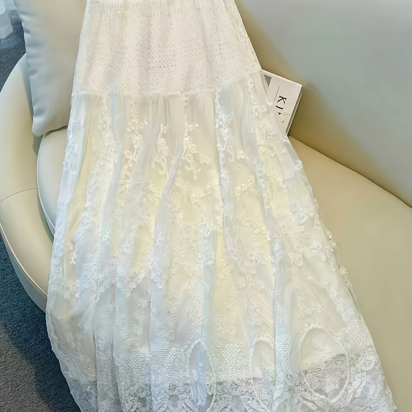 TEMU White Intricate Lace Mesh Half Skirt Women's Summer Elastic Waist A-line Flared Long Dress French Gentle Style Fairy Dress