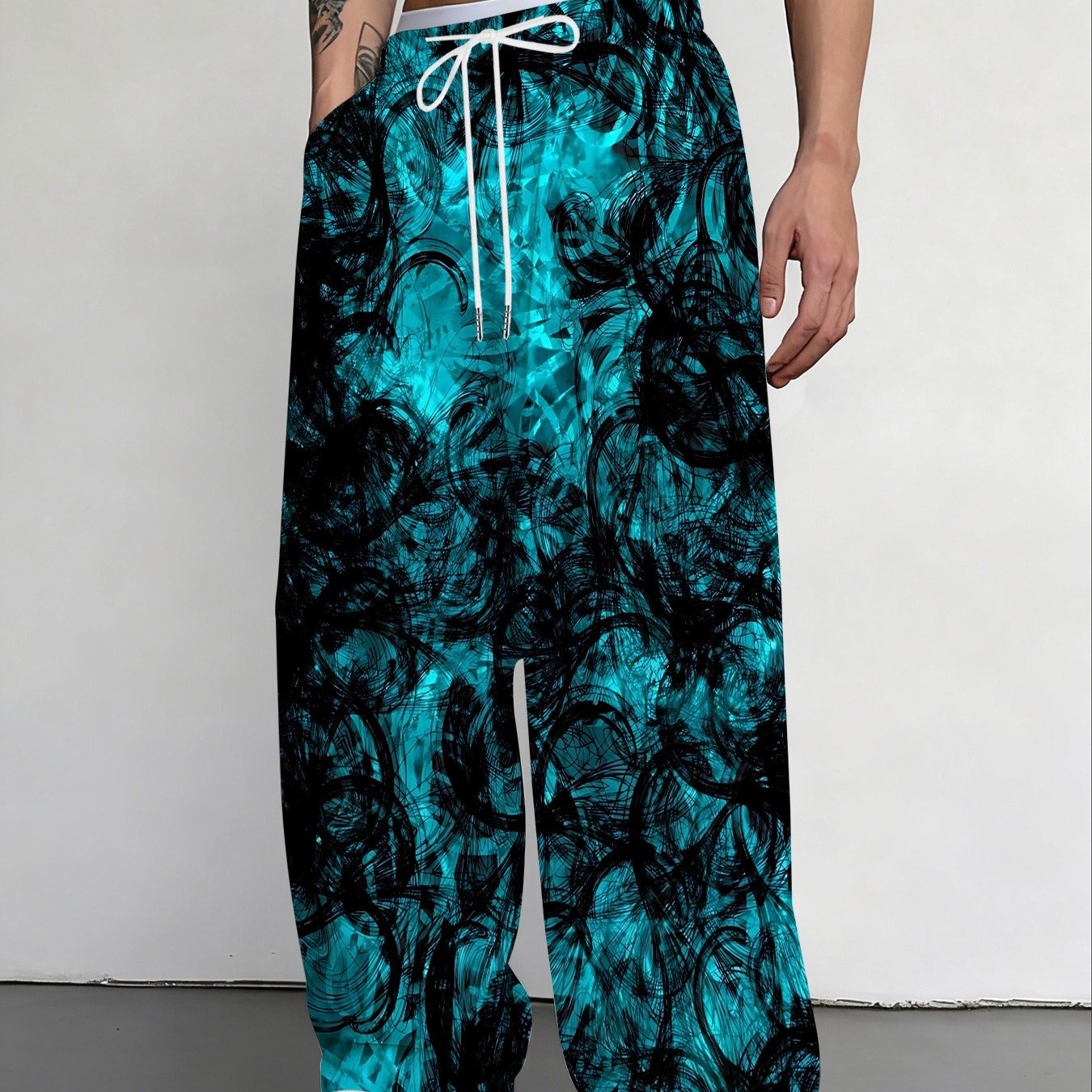 TEMU Men's Casual Pants | Abstract Graffiti Black Turquoise Gradient Slightly Stretch Fabric
